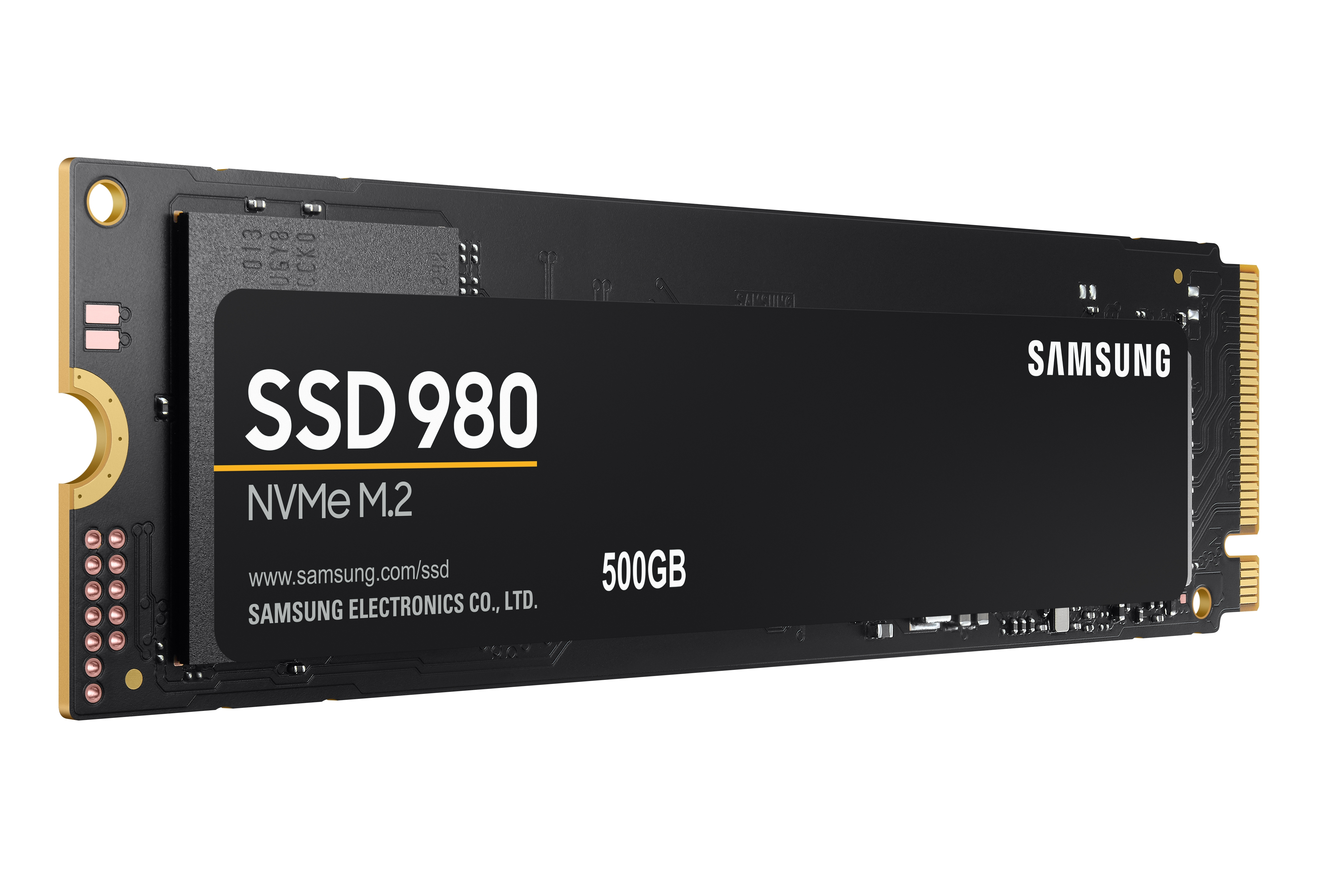 SSD Samsung noire avec texte 'SSD 980'. Fond blanc.