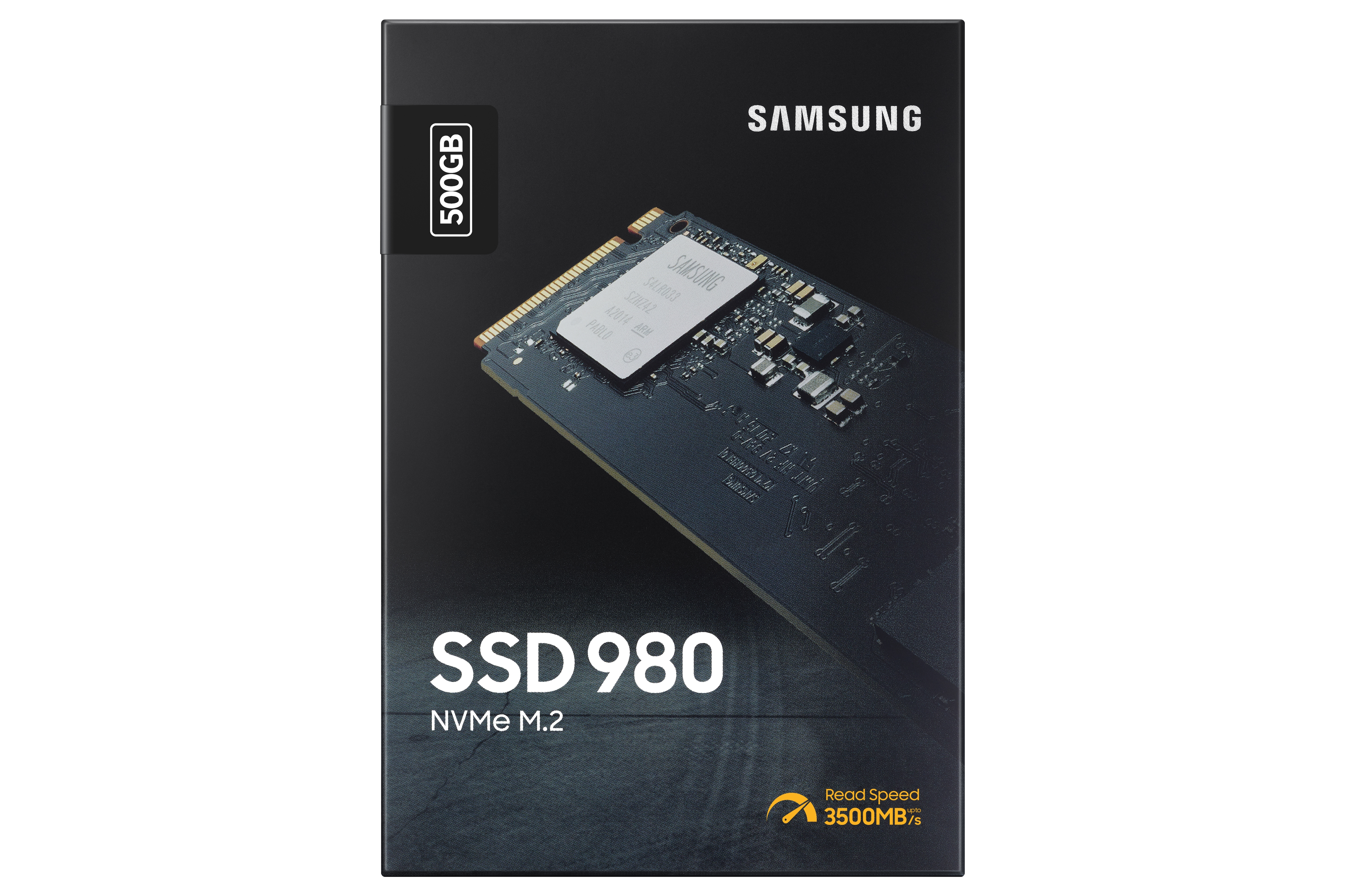 SSD 980 NVMe M.2 de Samsung, emballage noir avec une étiquette de 500 Go.
