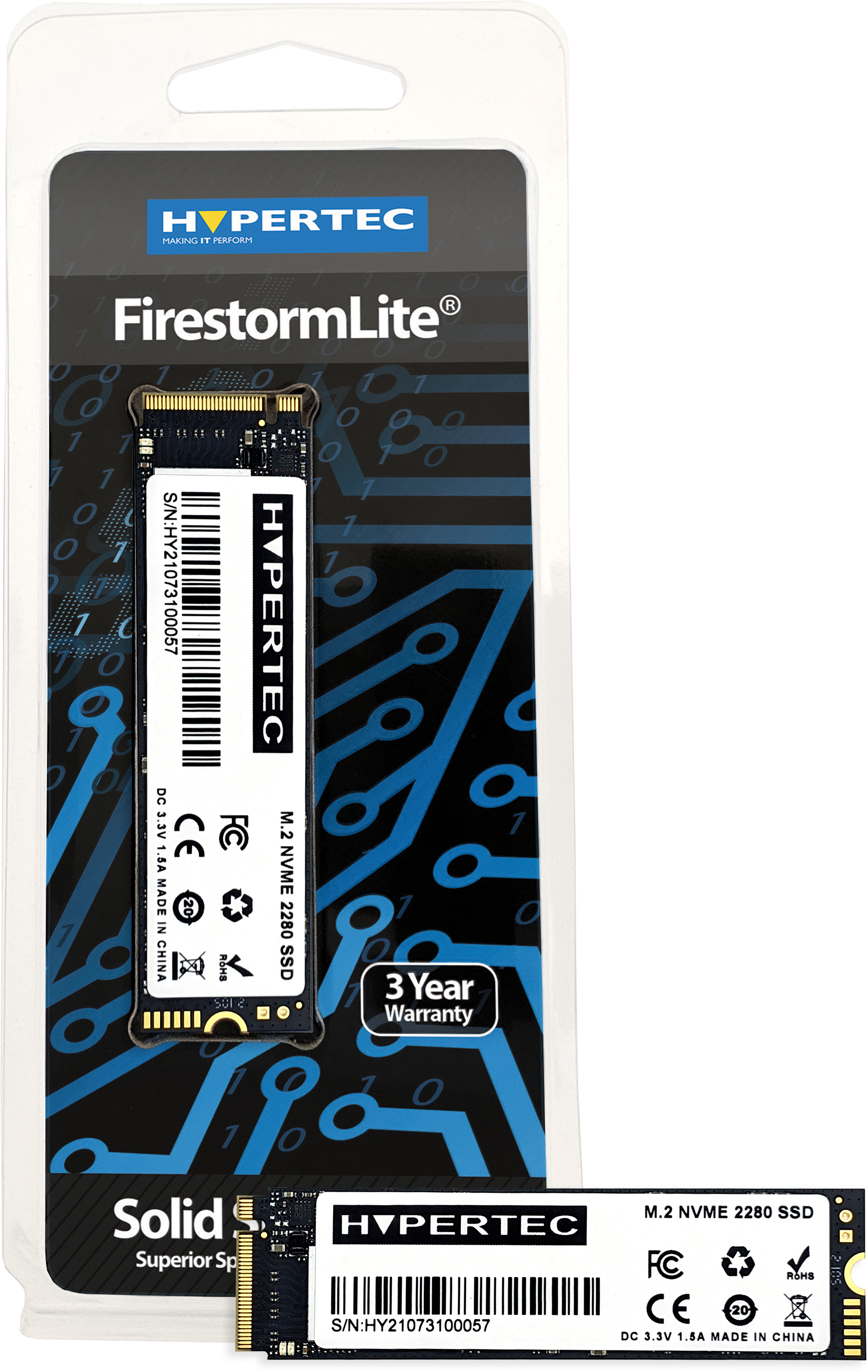 SSD Hypertec FirestormLite in confezione. L'SSD è piccolo e nero. Sfondo bianco.