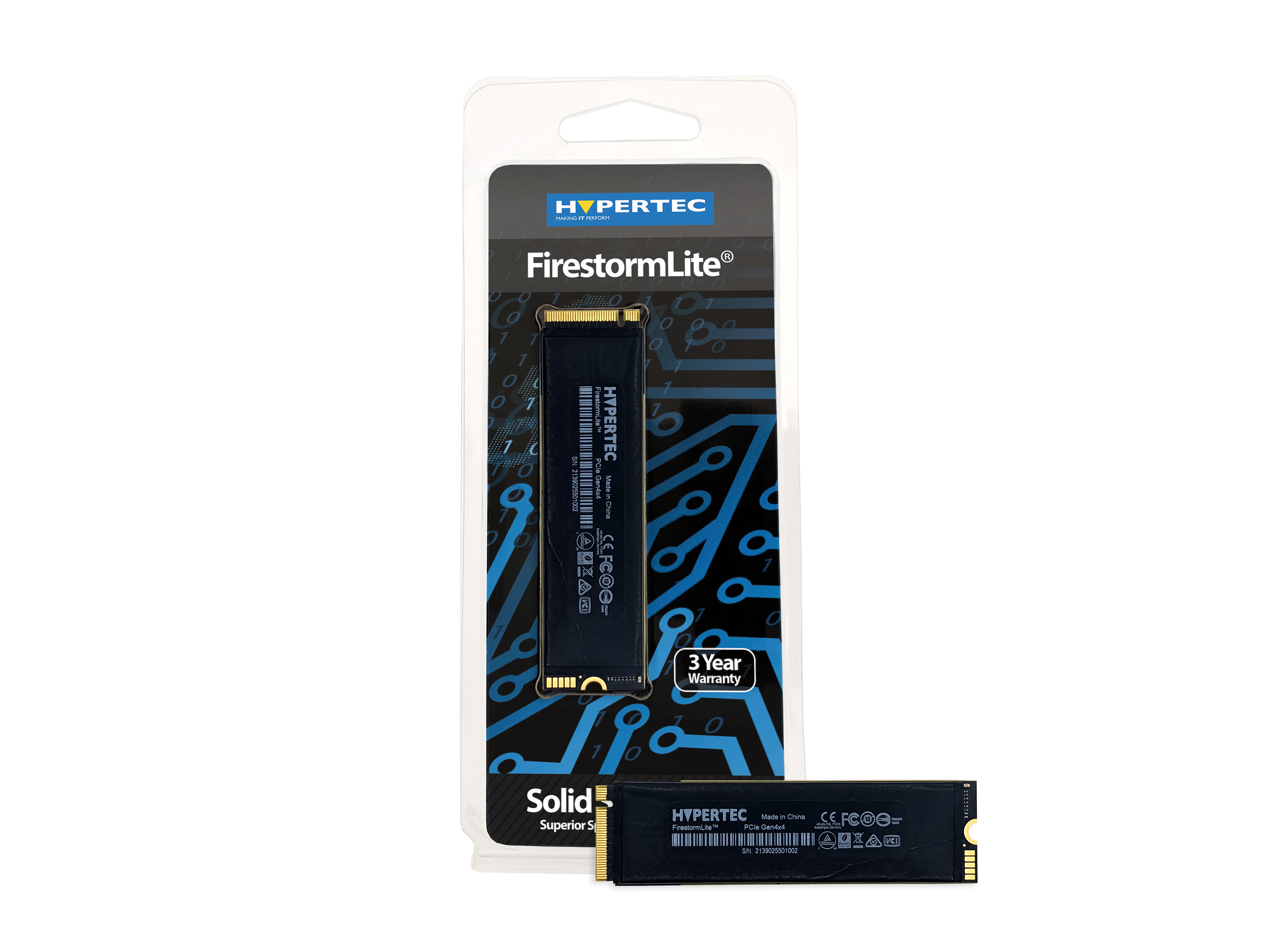 SSD Hypertec FirestormLite in blister. Sfondo bianco. Un secondo SSD in basso.