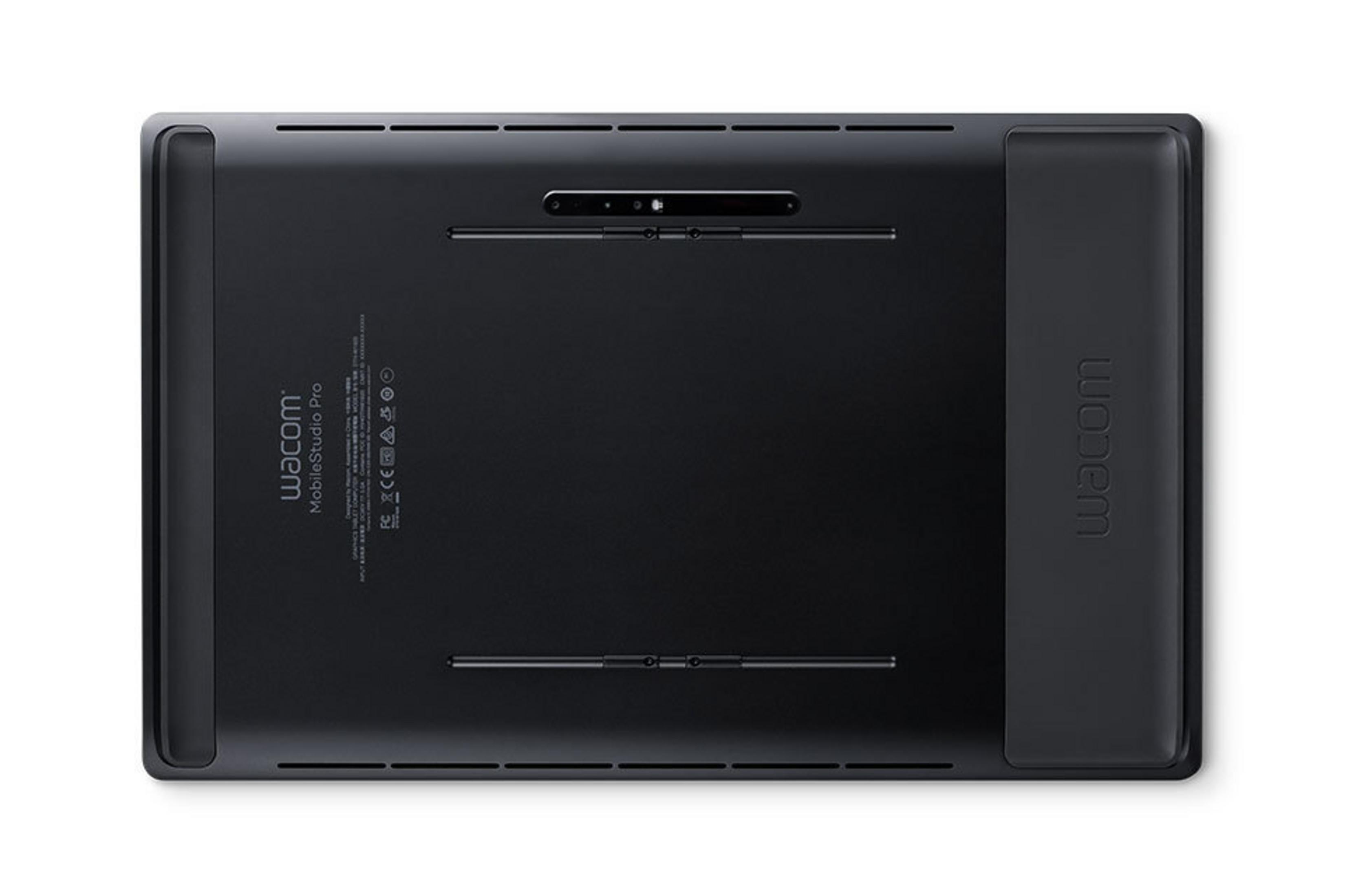 Schwarzes Grafiktablett, Rückansicht, mit Text 'Wacom MobileStudio Pro' auf weißem Grund.