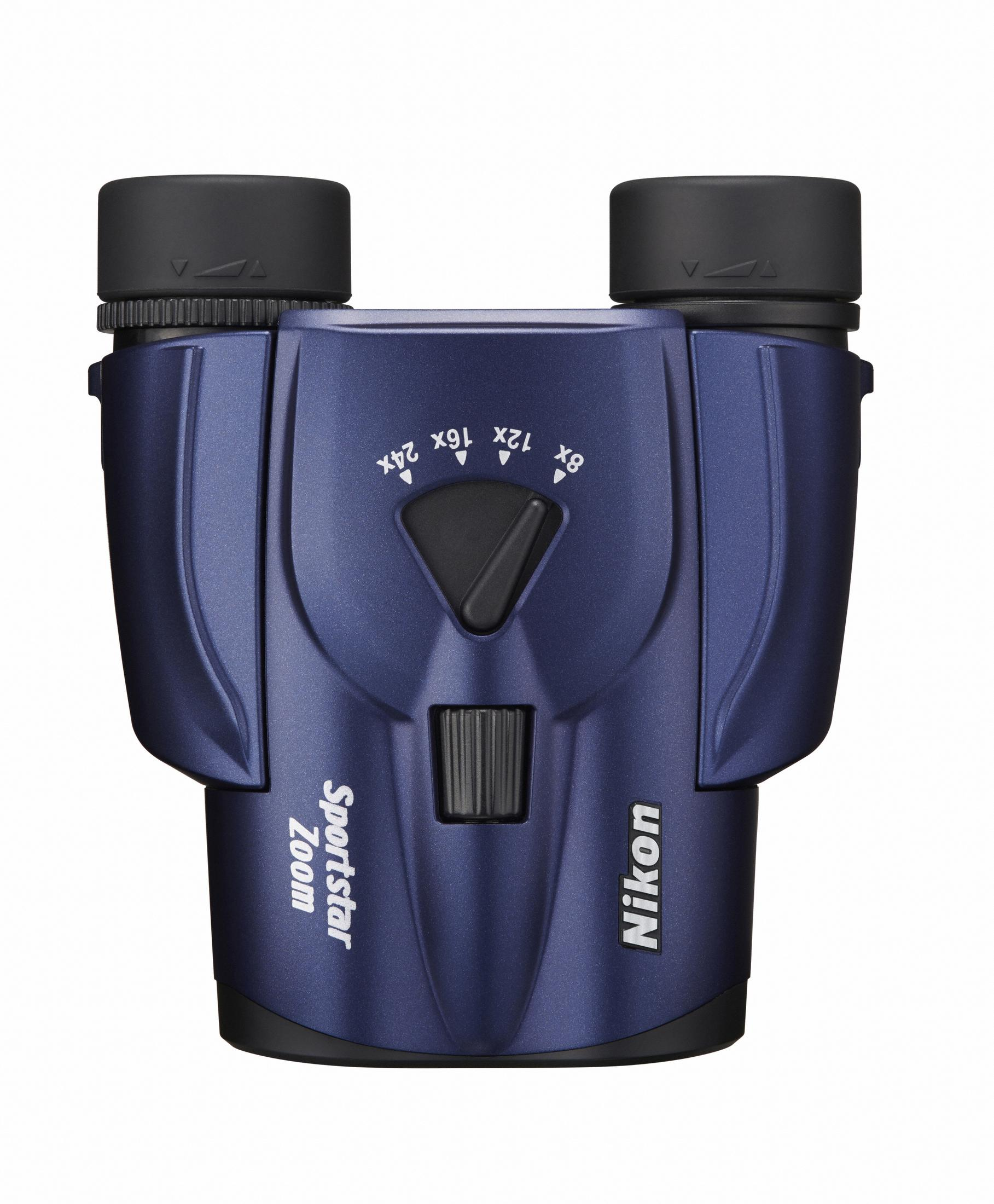 Niebieska lornetka z pokrętłem ustawień, napisem 'Sportstar Zoom' i logo Nikon na białym tle.