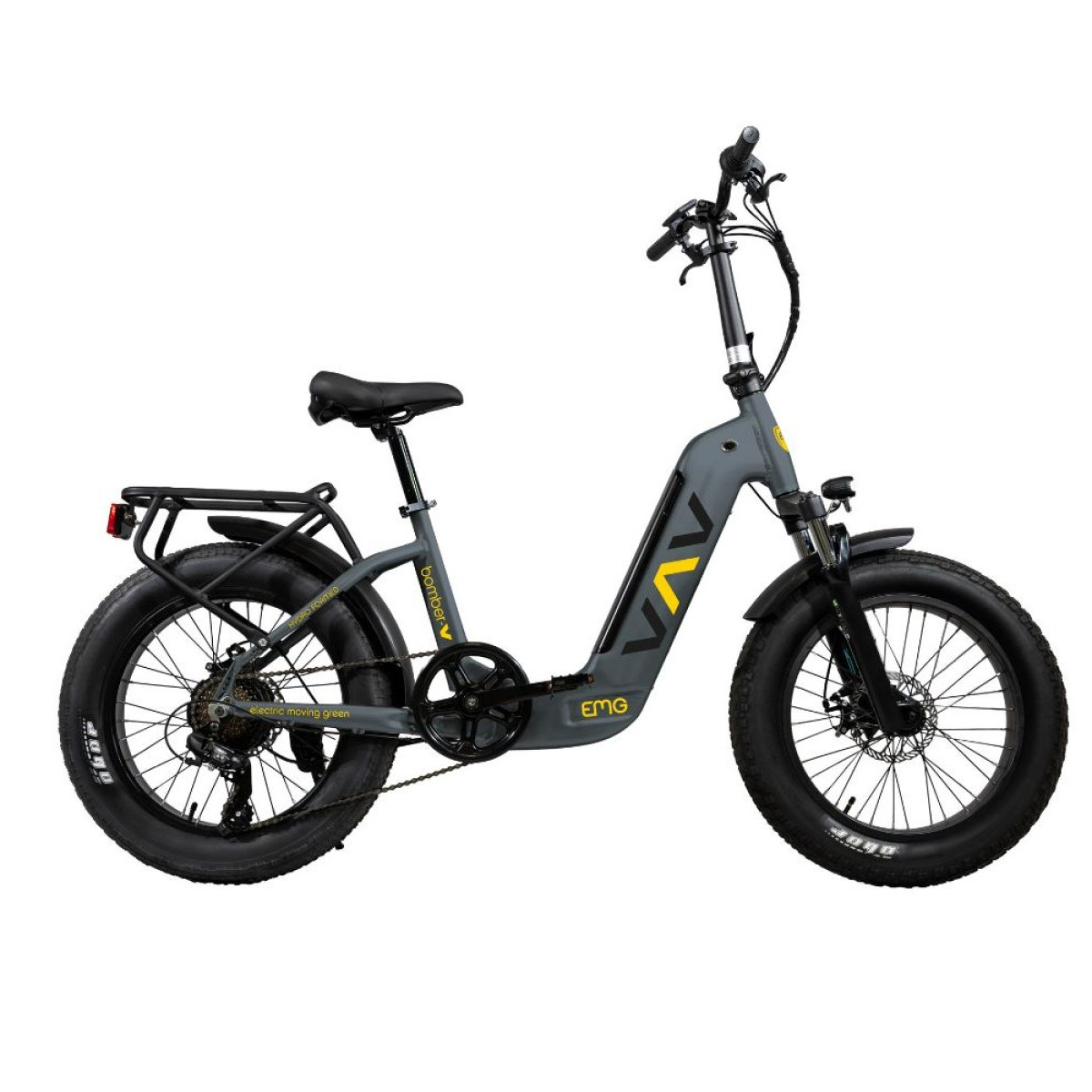 Una bicicletta elettrica con telaio grigio e pneumatici neri. Ha un logo giallo.
