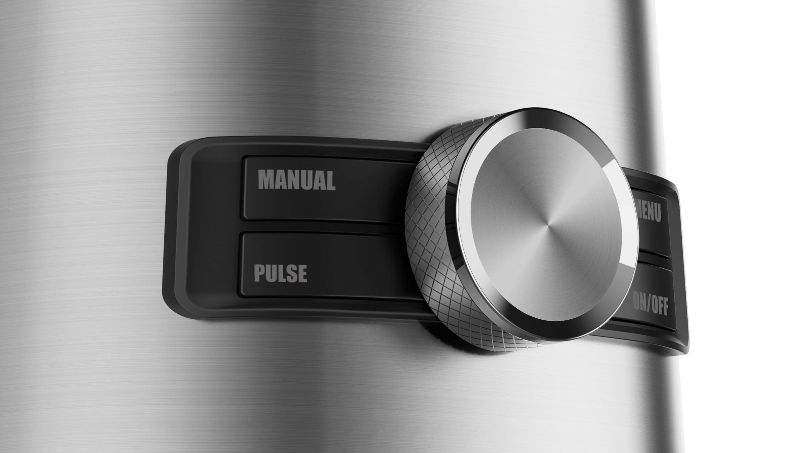 Primer plano de un panel de control metálico con botones etiquetados como 'MANUAL', 'PULSO' y un dial.