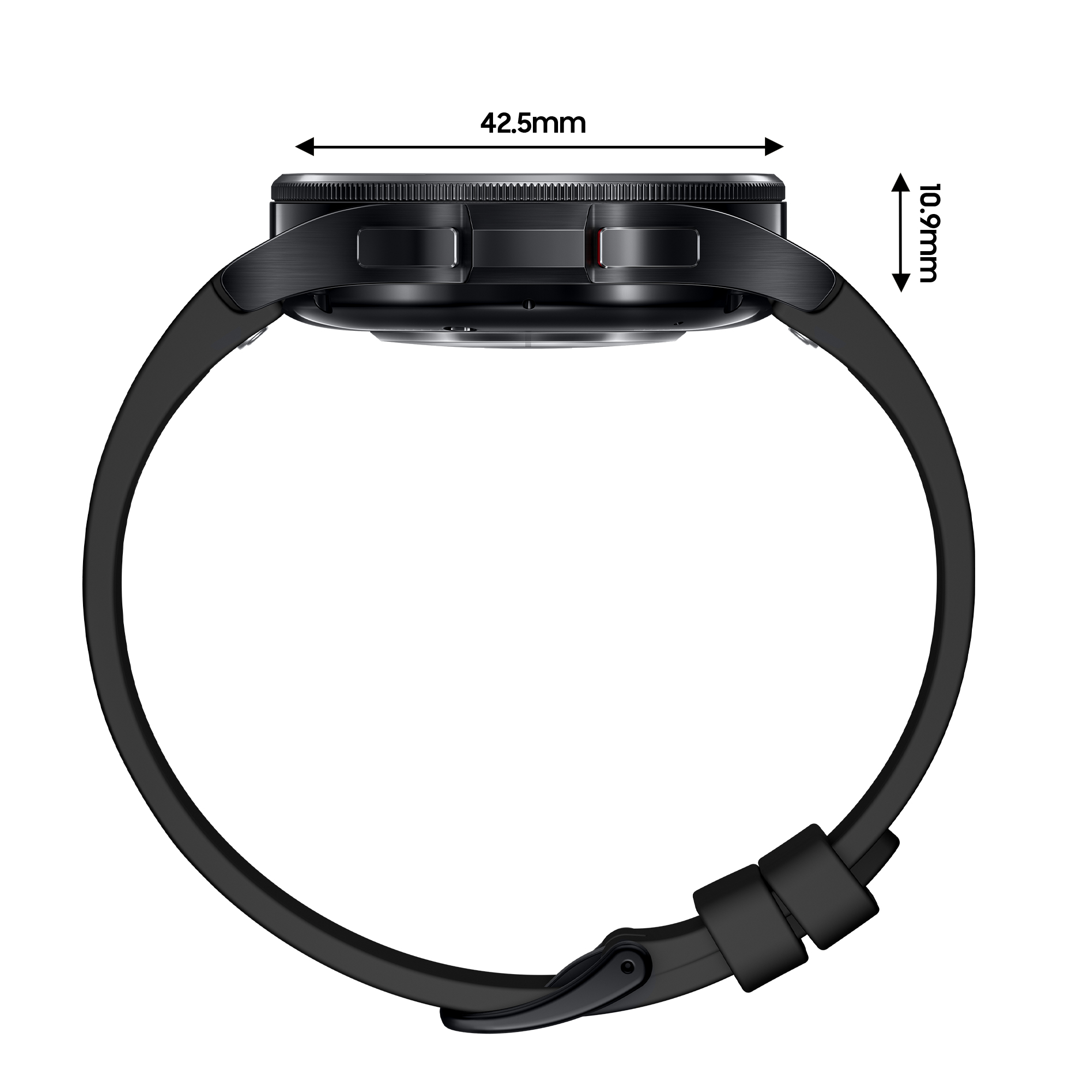 Czarny smartwatch. Widok z boku paska i grubości zegarka z pomiarami.