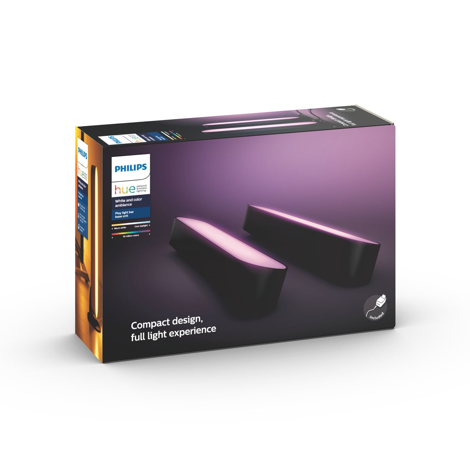 Philips Hue Box mit zwei Lichtbalken. Box mit lila Farbverlauf. Weißer Hintergrund.