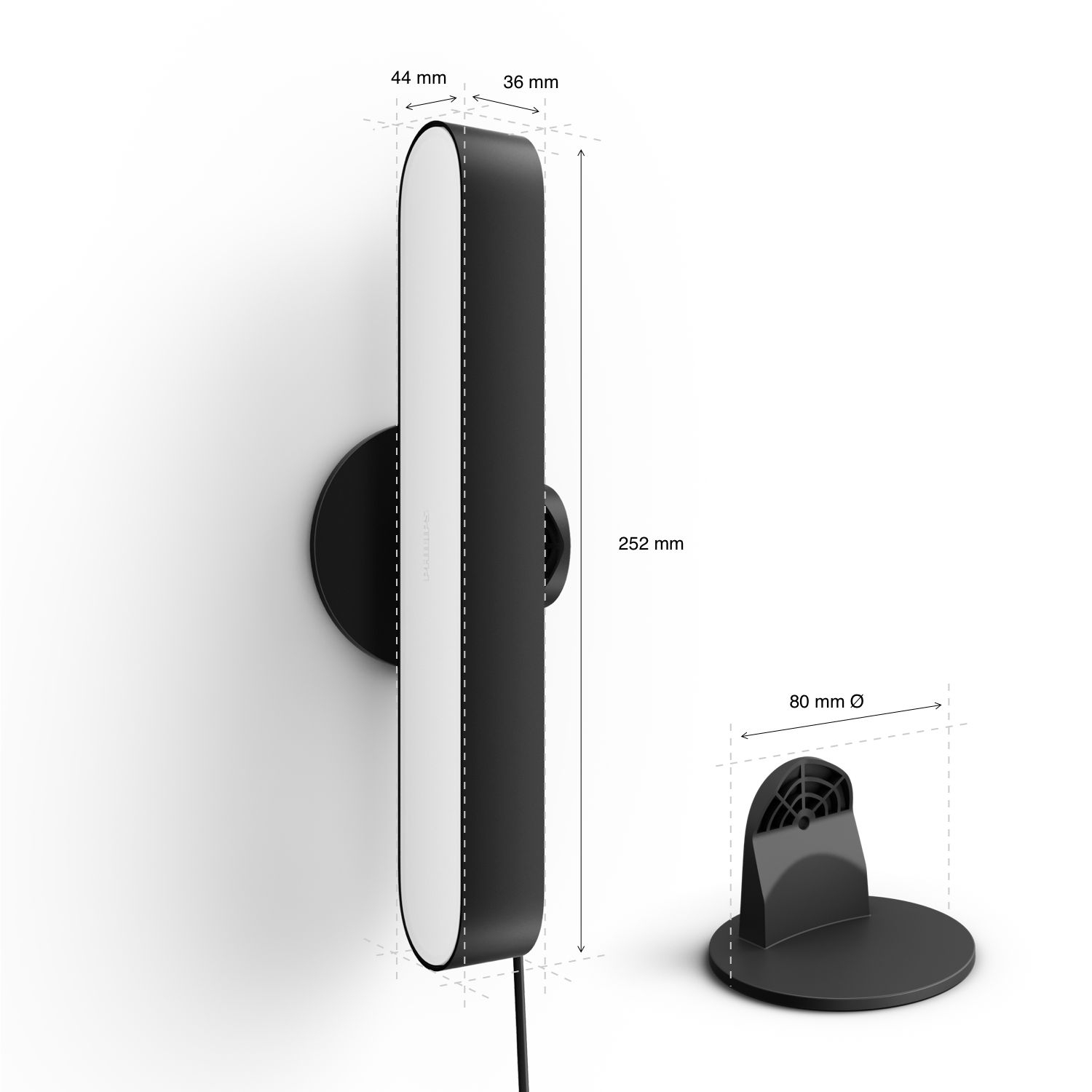 Philips Hue Play Licht. Schwarz und weiß, wandmontiert, mit Maßen.