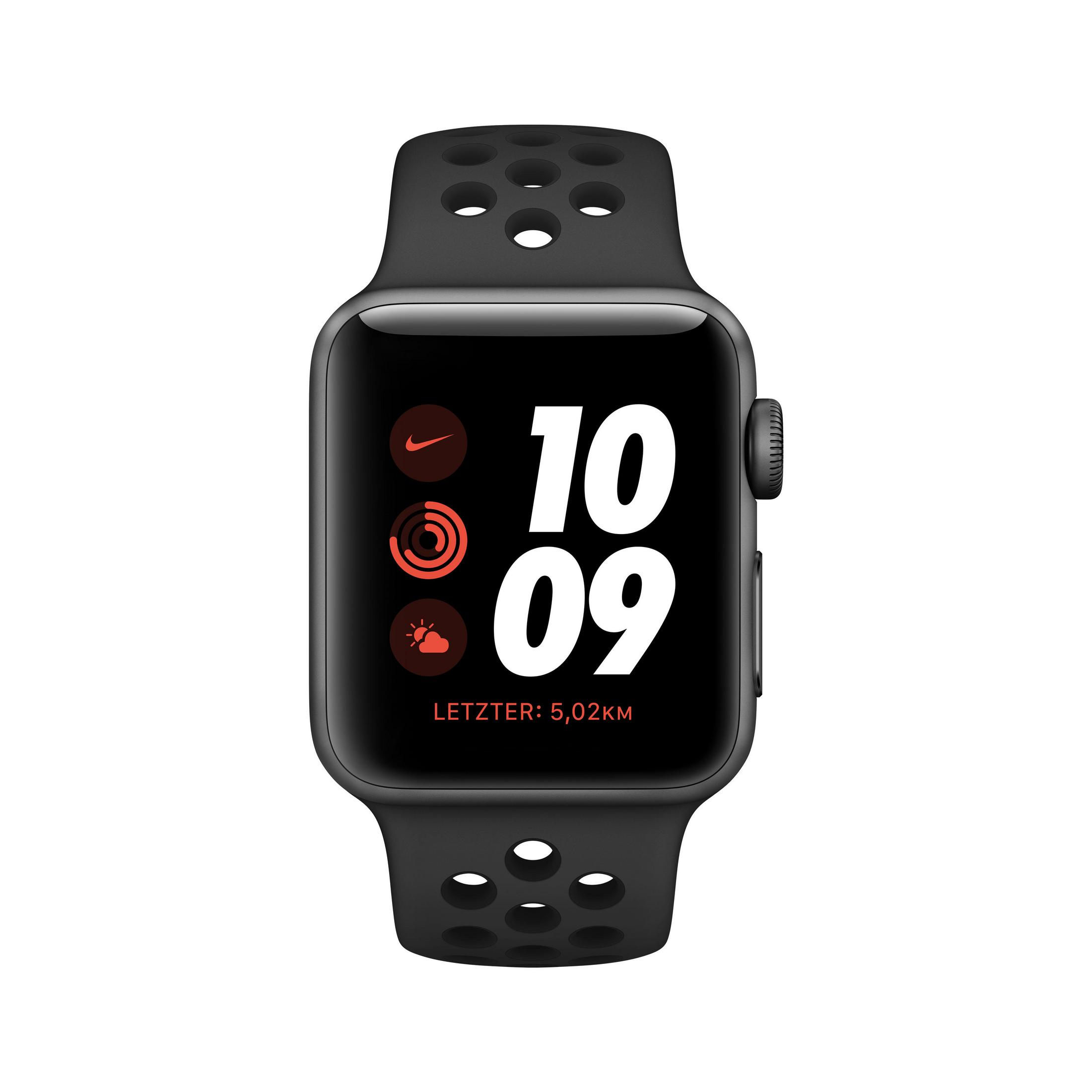 Schwarze Apple Watch mit schwarzem Armband. Bildschirm zeigt Zeit und Aktivitätsdaten.