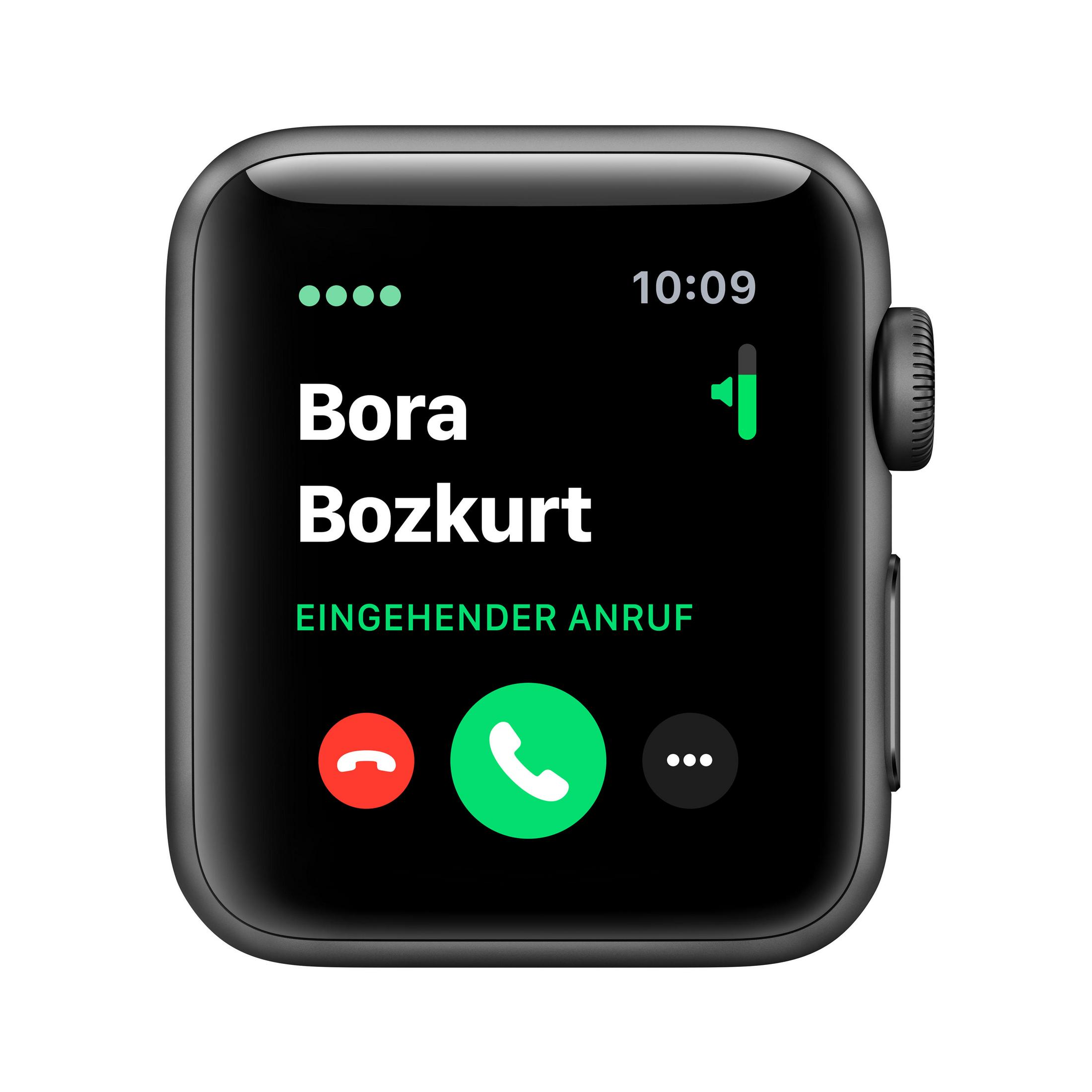 Apple Watch-Bildschirm zeigt einen eingehenden Anruf von Bora Bozkurt. Zeigt Anruftasten und Zeit.