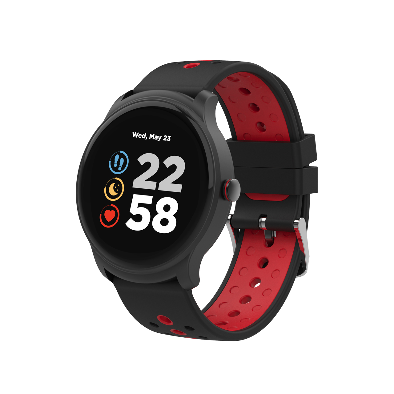 Smartwatch, nero con quadrante rotondo, che mostra ora e data. Cinturino rosso e nero.