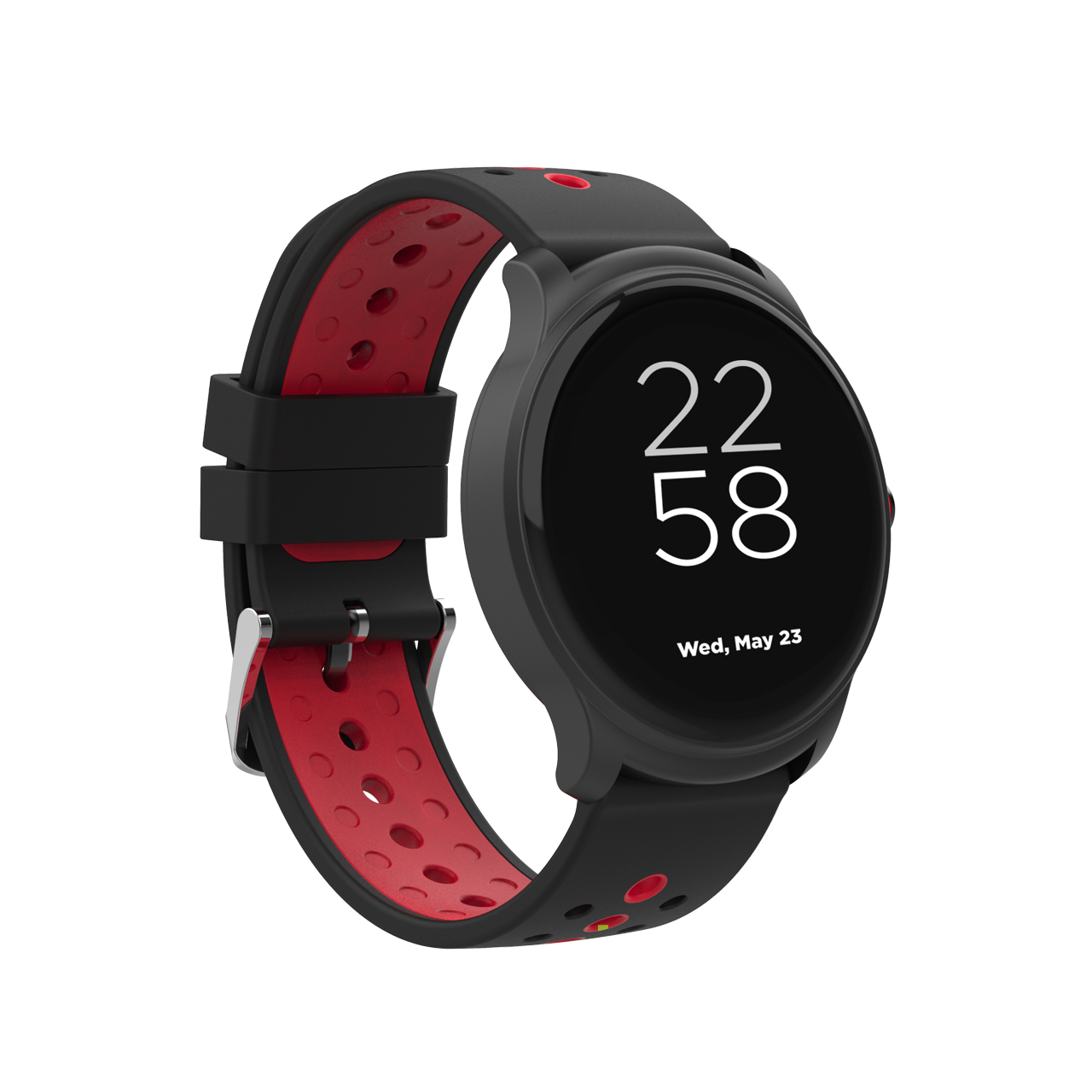 Smartwatch nero con cinturino rosso e nero. Mostra ora e data. Sfondo bianco.