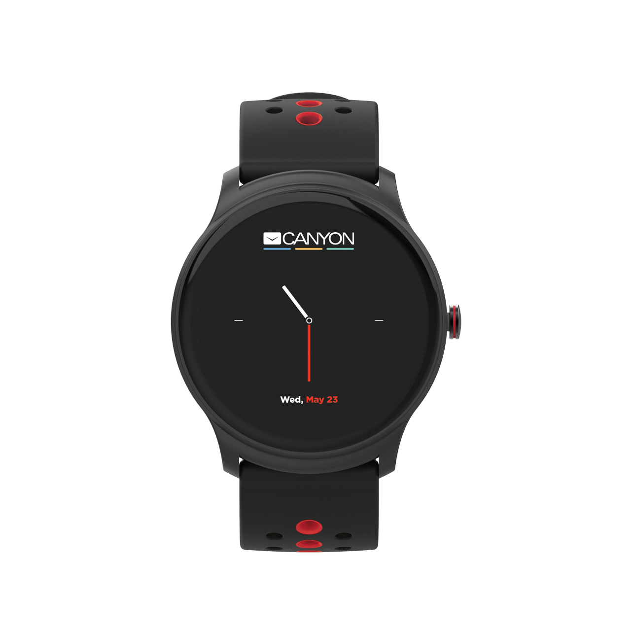 Smartwatch nero con cinturino nero e rosso. Mostra logo, ora e data. Sfondo bianco.