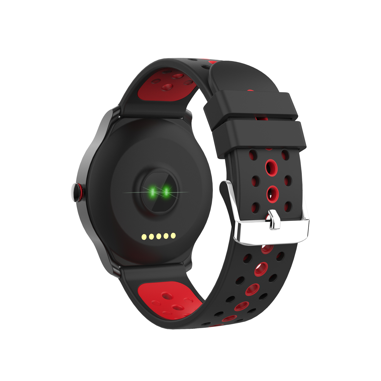Retro di smartwatch con cinturino rosso e nero. Mostra sensori e fibbia.