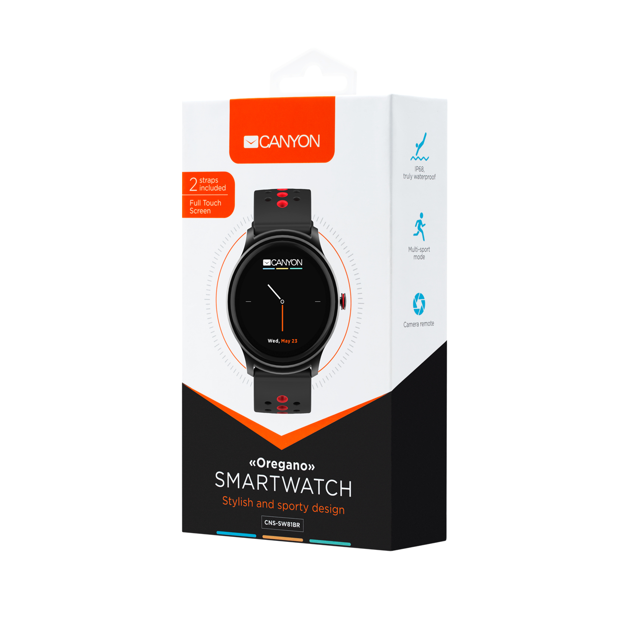 Scatola di smartwatch con smartwatch all'interno. La scatola è bianca con dettagli rossi. Lo smartwatch è nero.