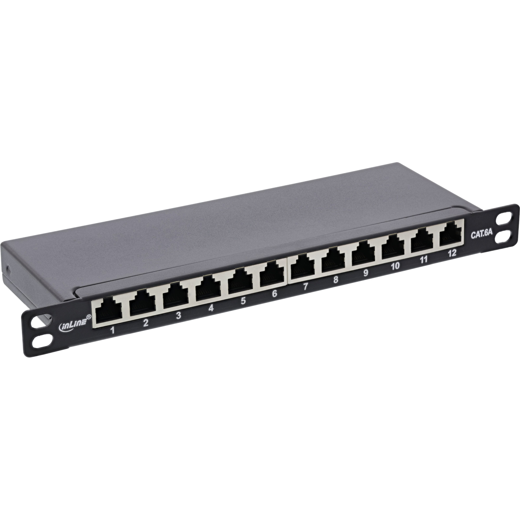 Pannello di rete con 12 porte RJ45. Metallo nero con porte RJ45 numerate da 1 a 12.