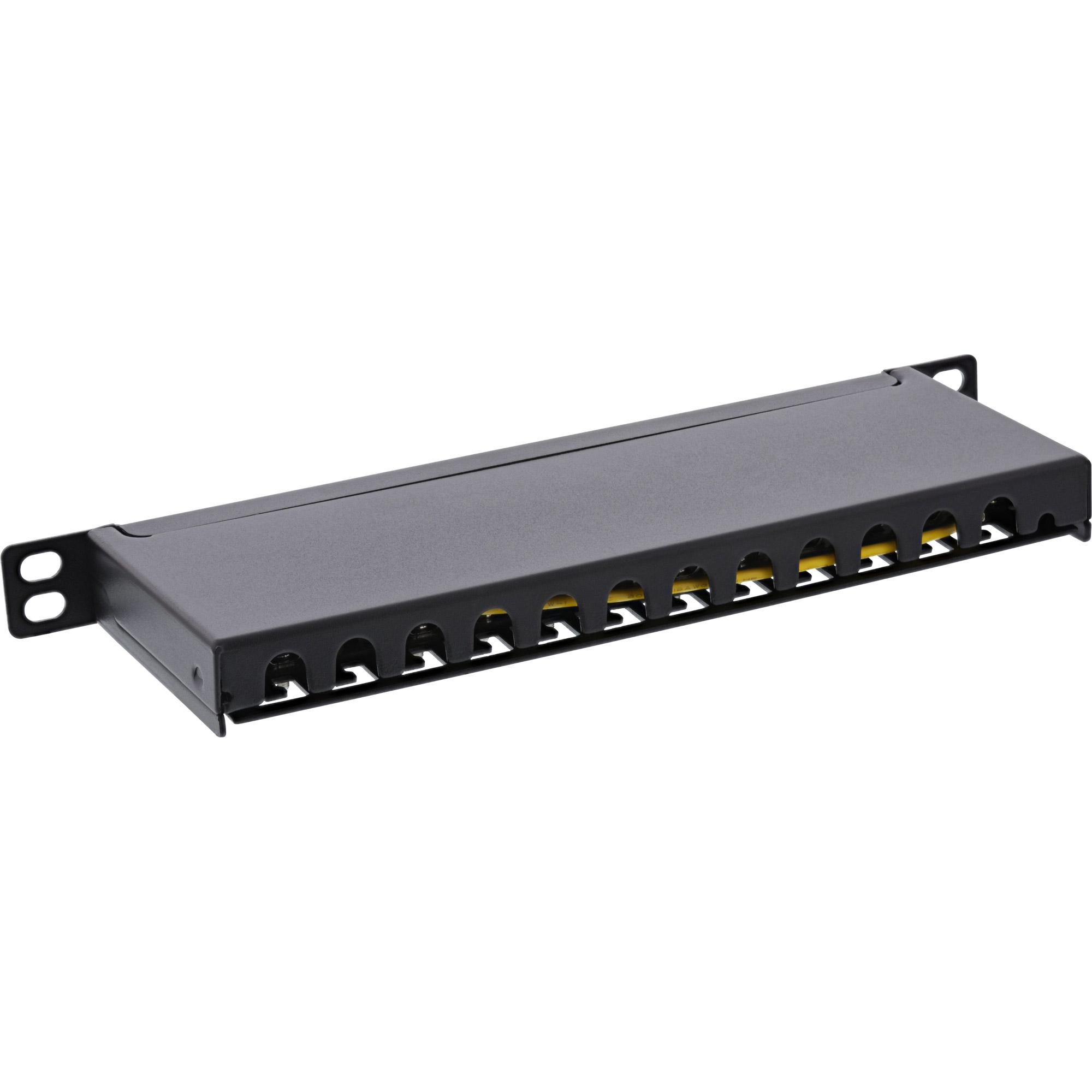 Pannello in metallo nero con porte gialle. Per connessioni di rete. Sfondo bianco.