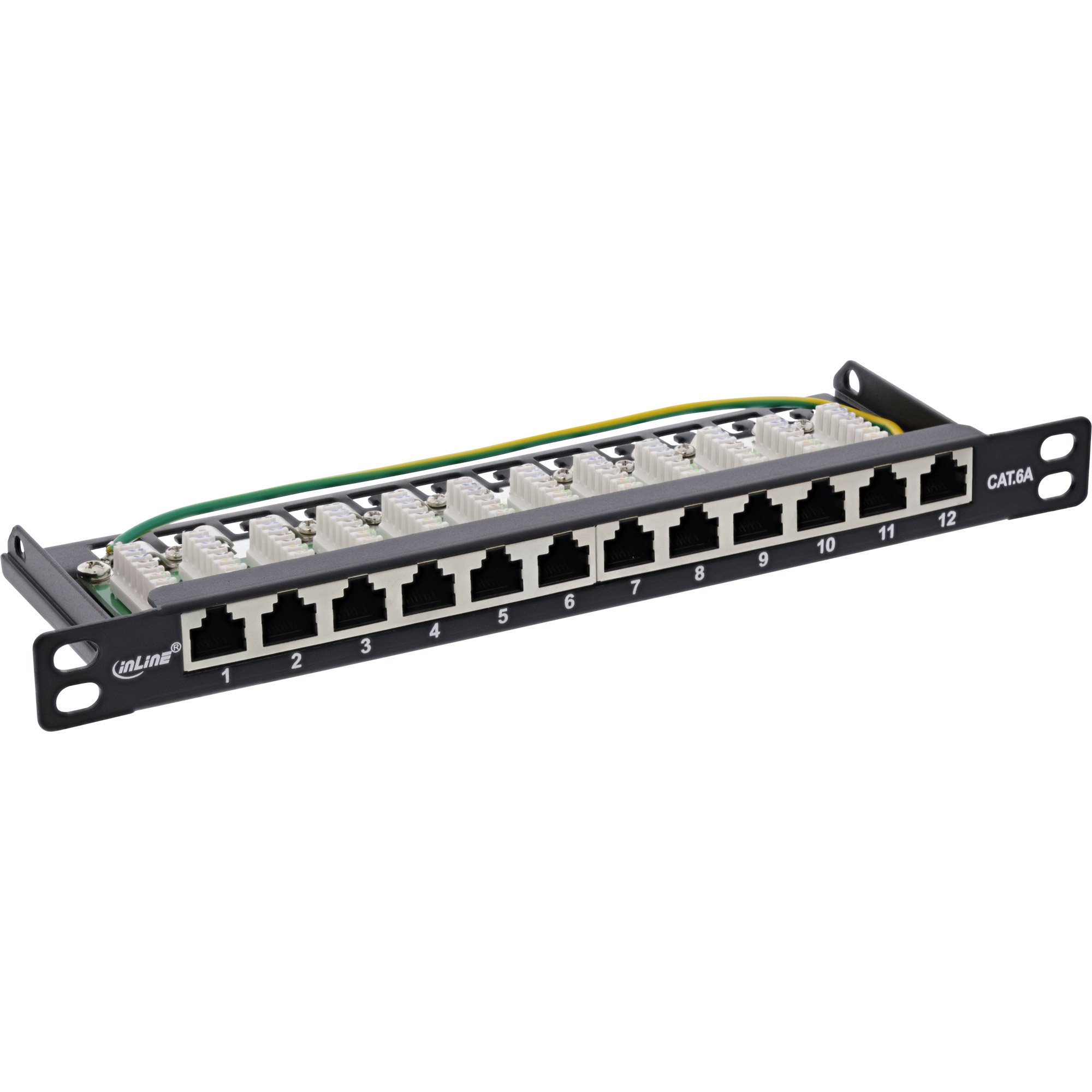 Pannello di rete con 12 porte RJ45. Metallo nero con connettori bianchi. Numerato da 1 a 12.