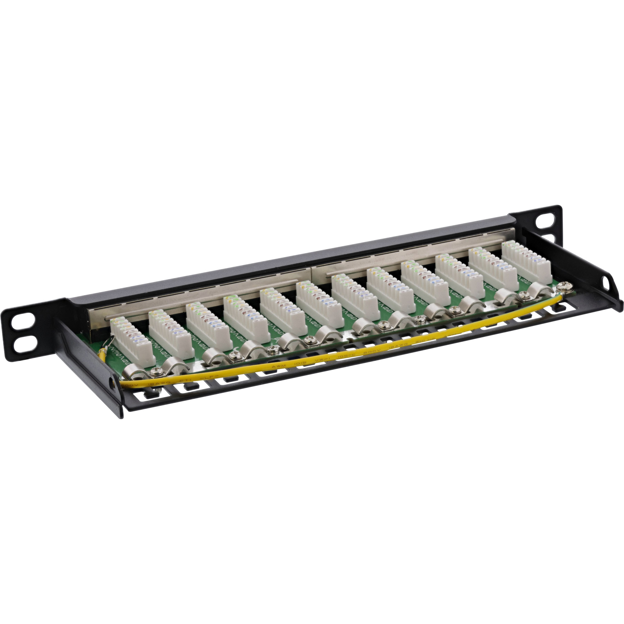 Pannello di rete con 12 porte RJ45. Metallo nero con connettori bianchi e cavo giallo.