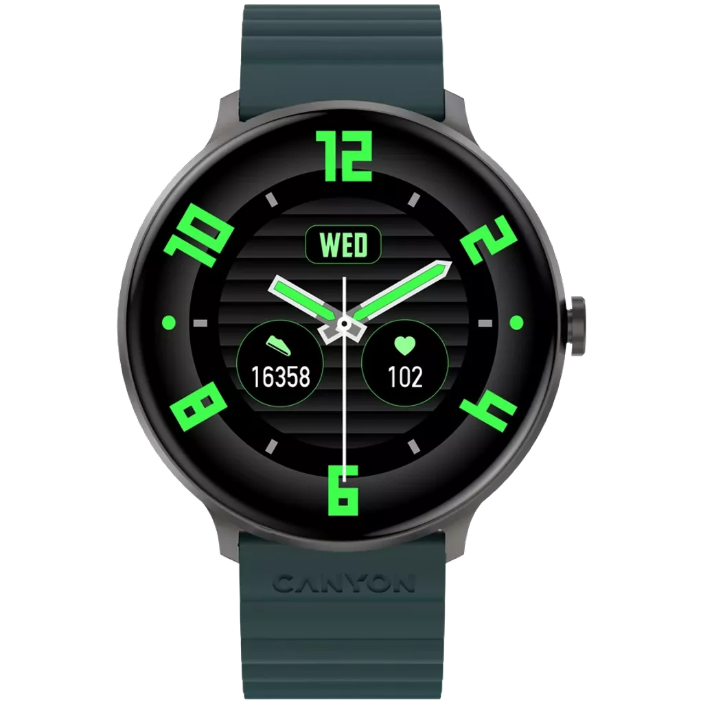 Smartwatch z zielonym paskiem. Czarna tarcza, zielone cyfry i logo Canyon na pasku.
