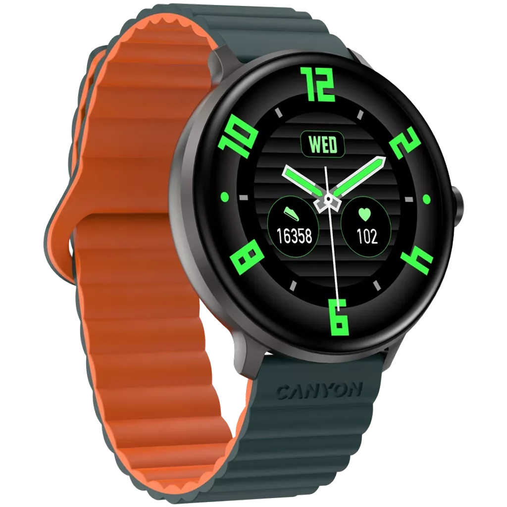 Smartwatch z zielonym i pomarańczowym paskiem. Czarna tarcza, zielone cyfry i logo Canyon na pasku.