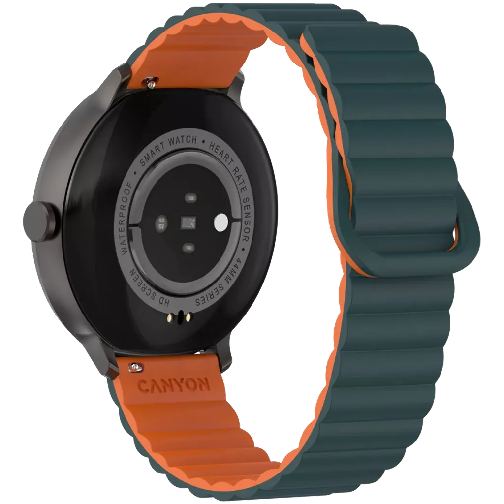 Tył czarnego smartwatcha z pomarańczowym paskiem. Czujnik tętna, seria 44mm, logo Canyon.