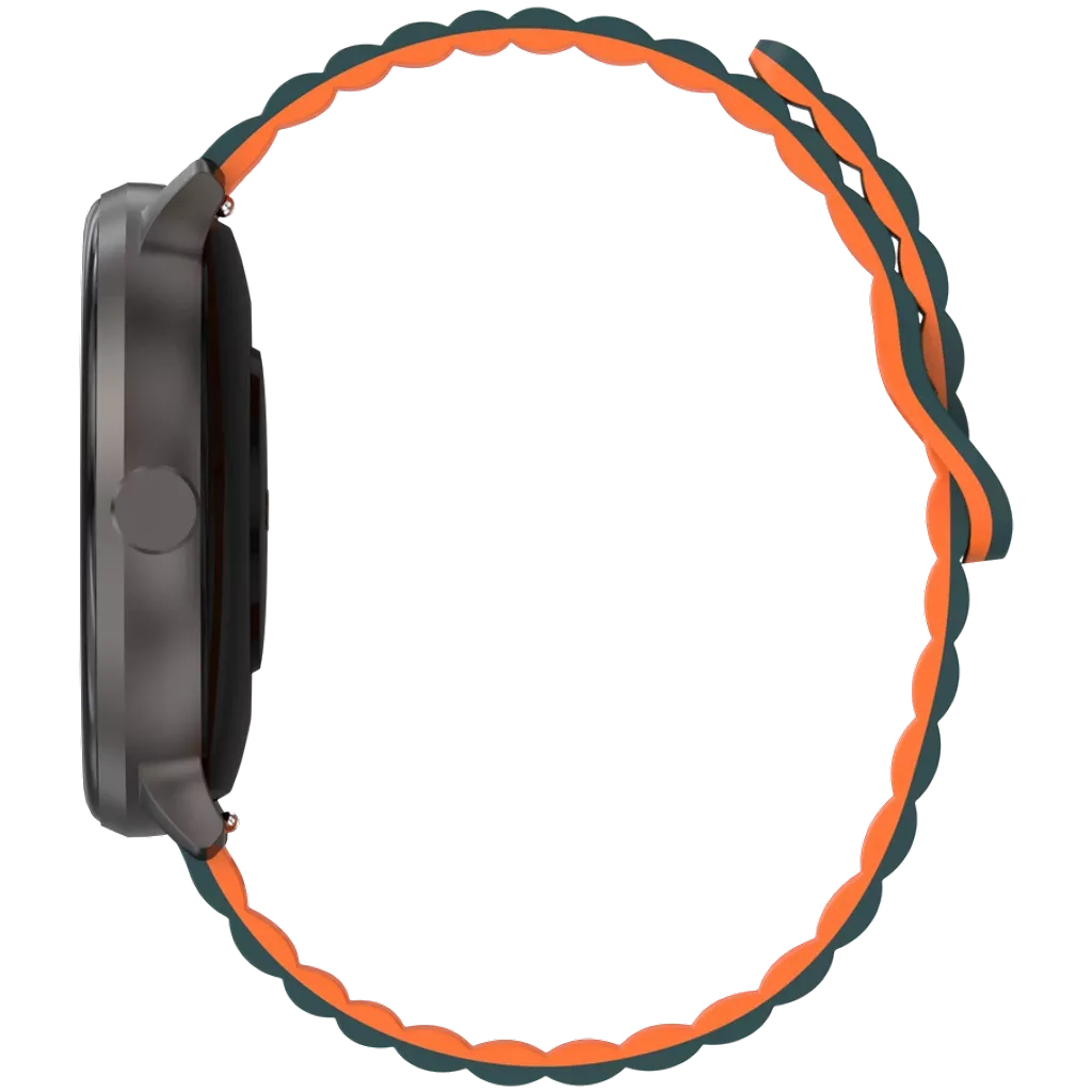 Smartwatch, widok z boku. Zielono-pomarańczowy pasek. Czarna tarcza i obudowa.