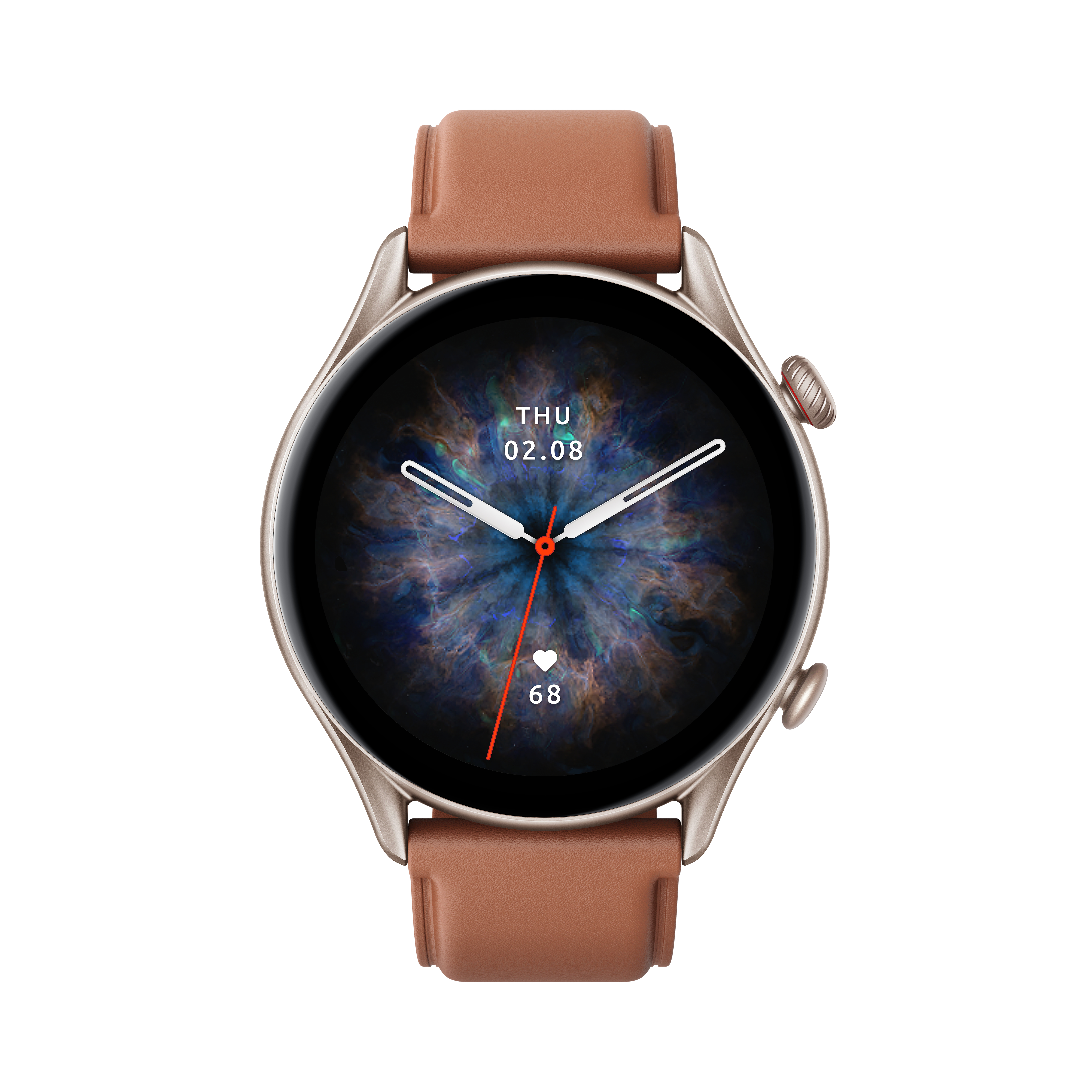 Smartwatch con correa de cuero marrón. Esfera redonda con pantalla digital. Muestra hora y ritmo cardíaco.