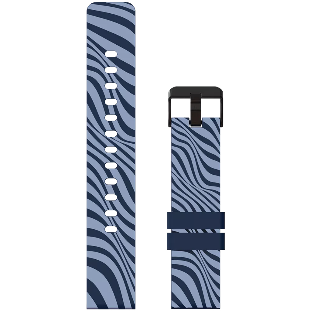 Niebieski i jasnoniebieski pasek do zegarka i klamra ze wzorem falistym, na białym tle.
