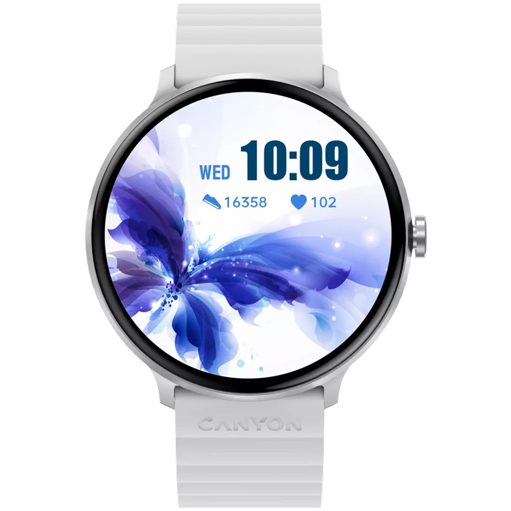 Srebrny smartwatch z białym paskiem. Ekran pokazuje czas, datę i dane zdrowotne z motylem.