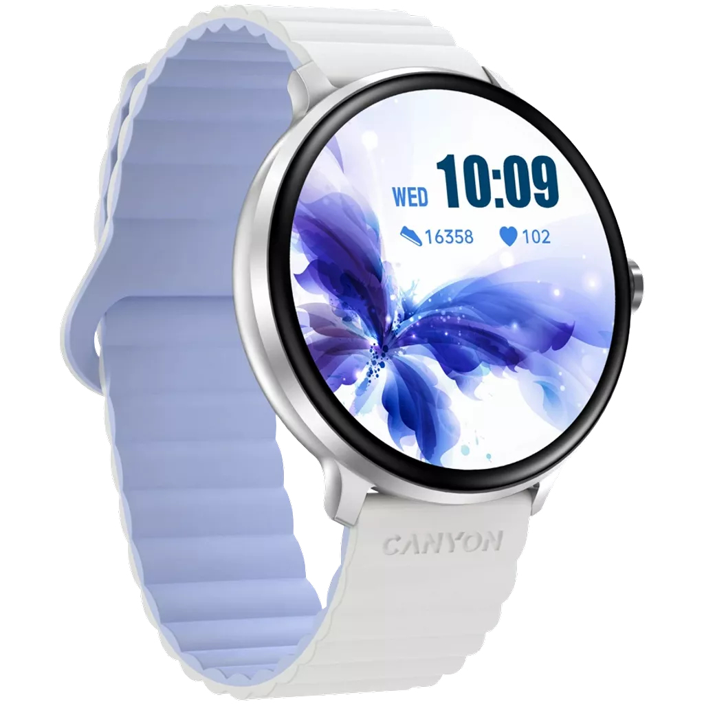 Smartwatch z białym paskiem. Ekran wyświetla godzinę i grafikę motyla.