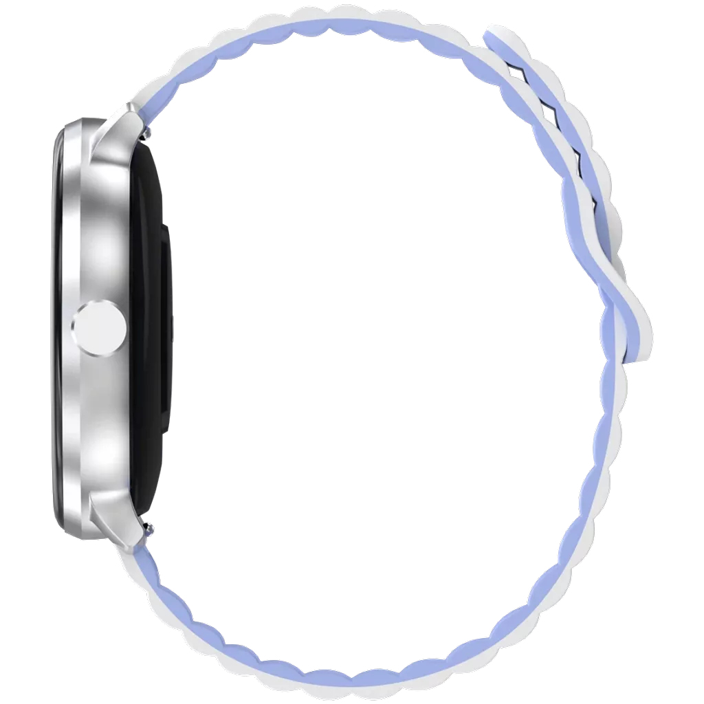 Srebrny smartwatch z lawendowym paskiem. Widoczny bok zegarka.