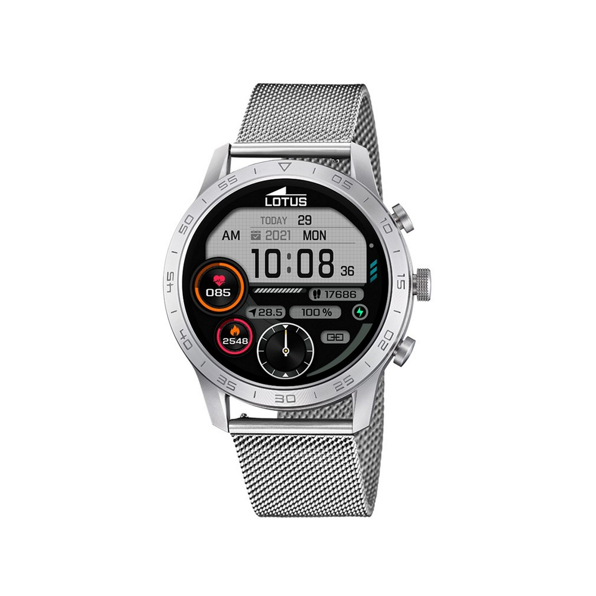 Silberne Lotus Smartwatch mit Uhrzeit, Datum und Gesundheitsmetriken. Sie hat ein Mesh-Armband und ein digitales Display.