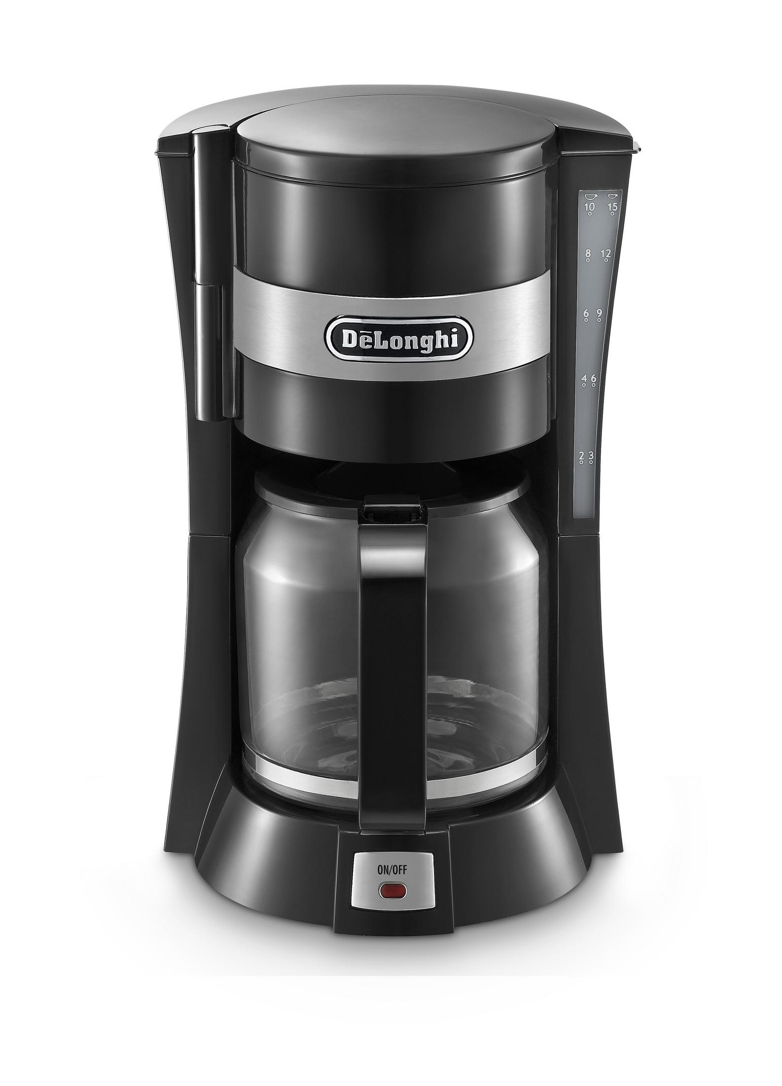 Schwarze De'Longhi Kaffeemaschine mit Glaskaraffe, Ein/Aus-Taste, weißer Hintergrund.
