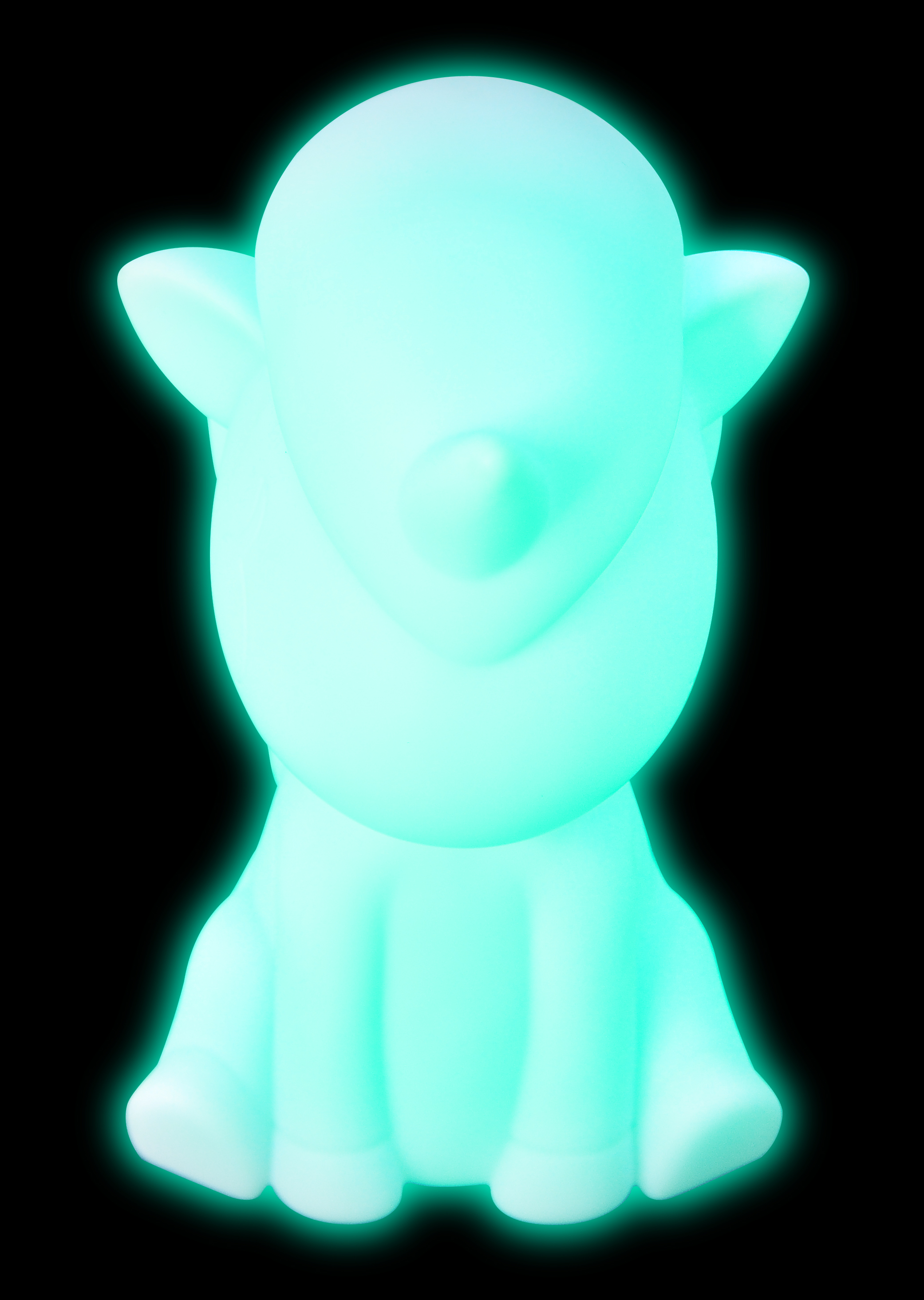 Glowende eenhoornvormige lamp in teal op een zwarte achtergrond.