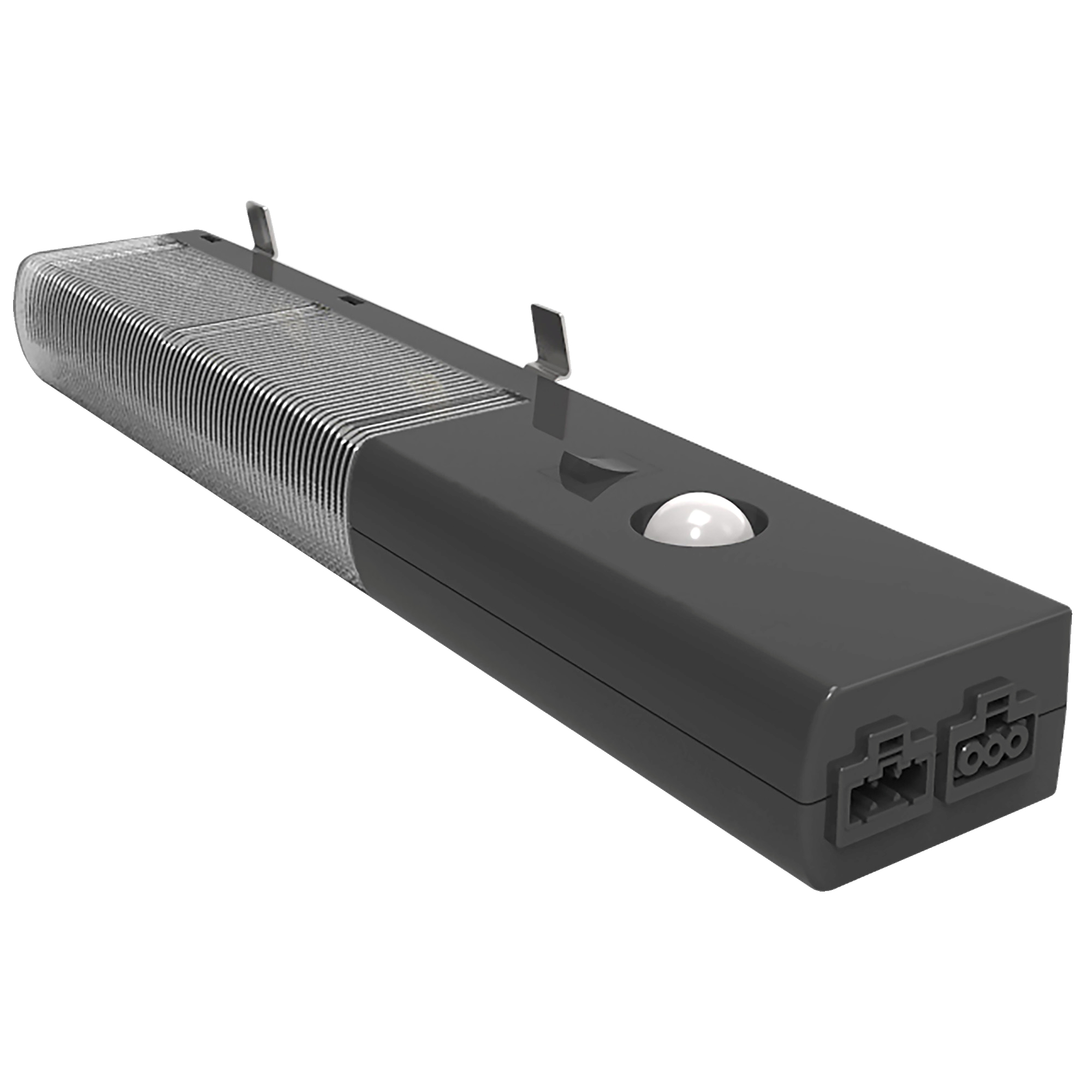 Ciemnoszare urządzenie elektroniczne z dwoma złączami i światłem.