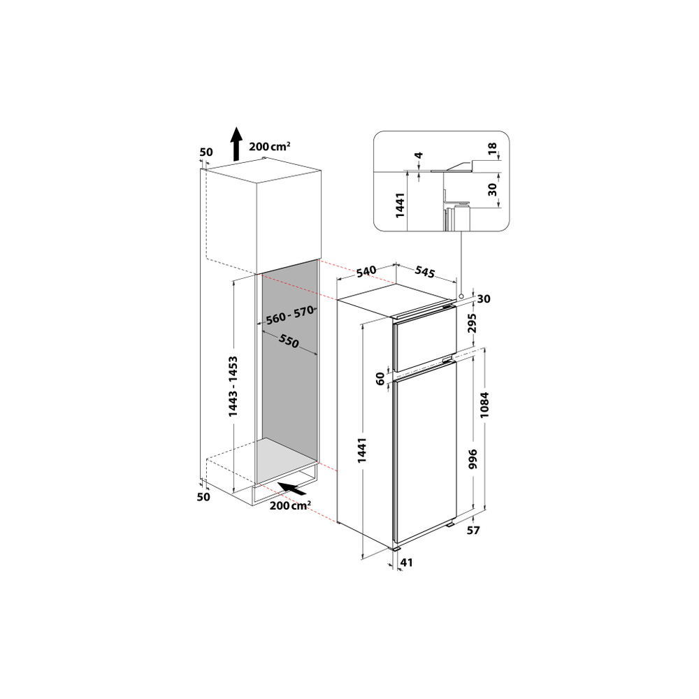 Un disegno tecnico di un frigorifero con dimensioni e misure.