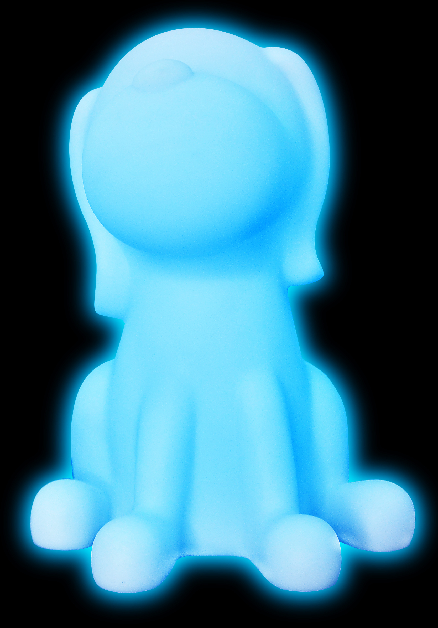 Een blauw oplichtende hondvormige lamp op een zwarte achtergrond.