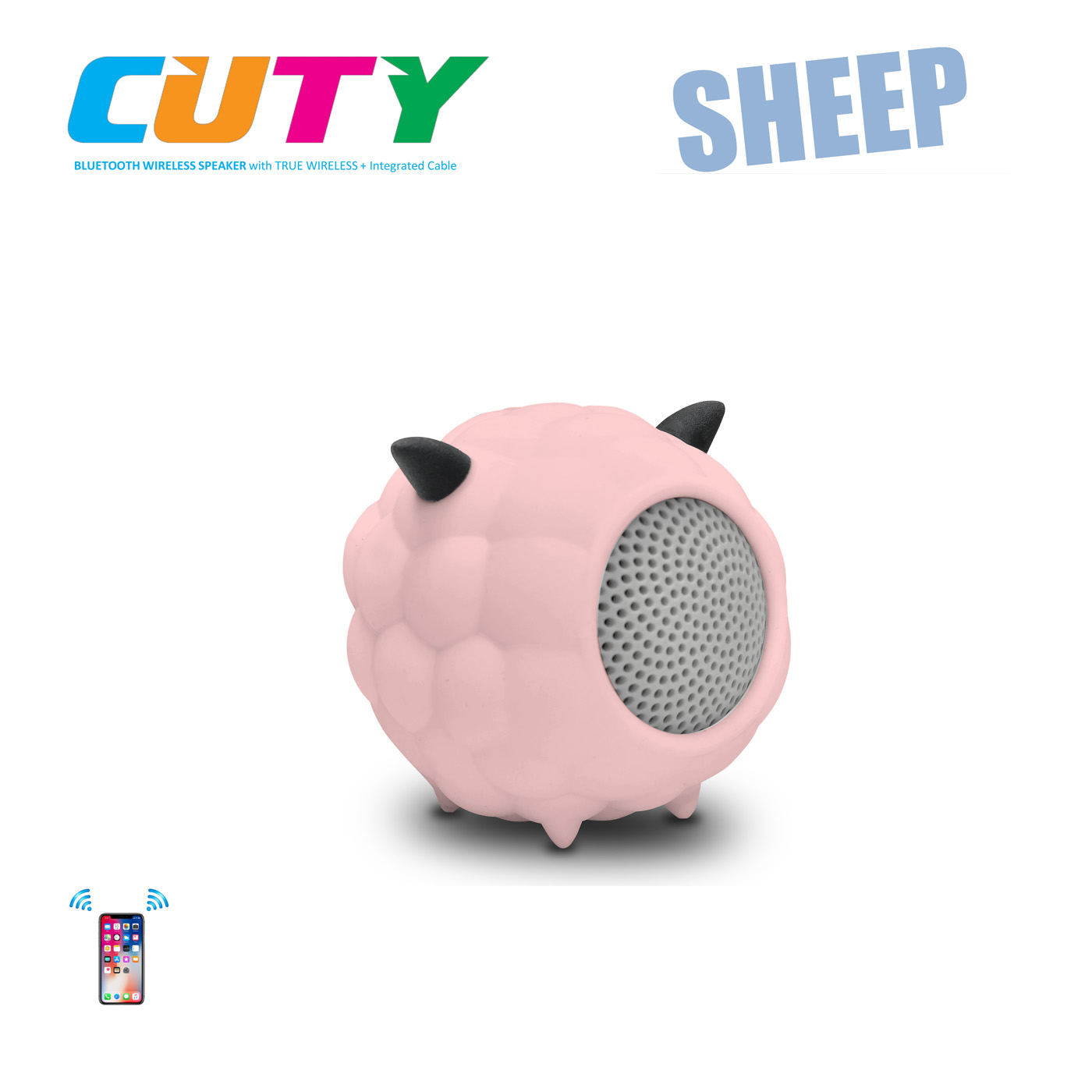 A pink sheep-shaped bluetooth speaker.
