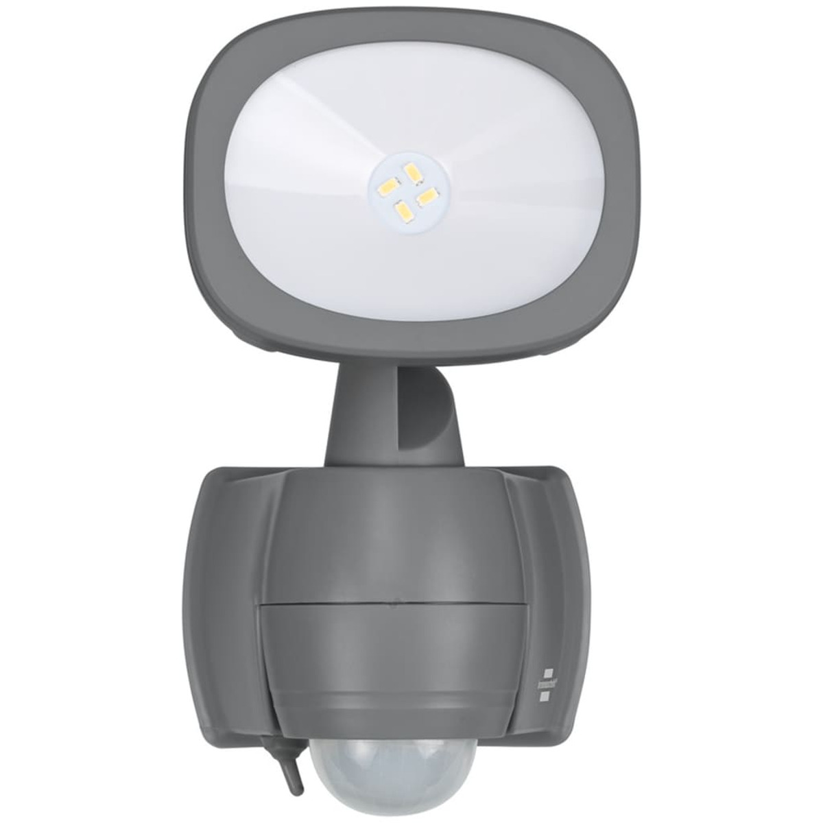 Szara oprawa oświetleniowa z czujnikiem ruchu. Ma zaokrągloną górę z diodami LED i czujnik na dole. Białe tło.