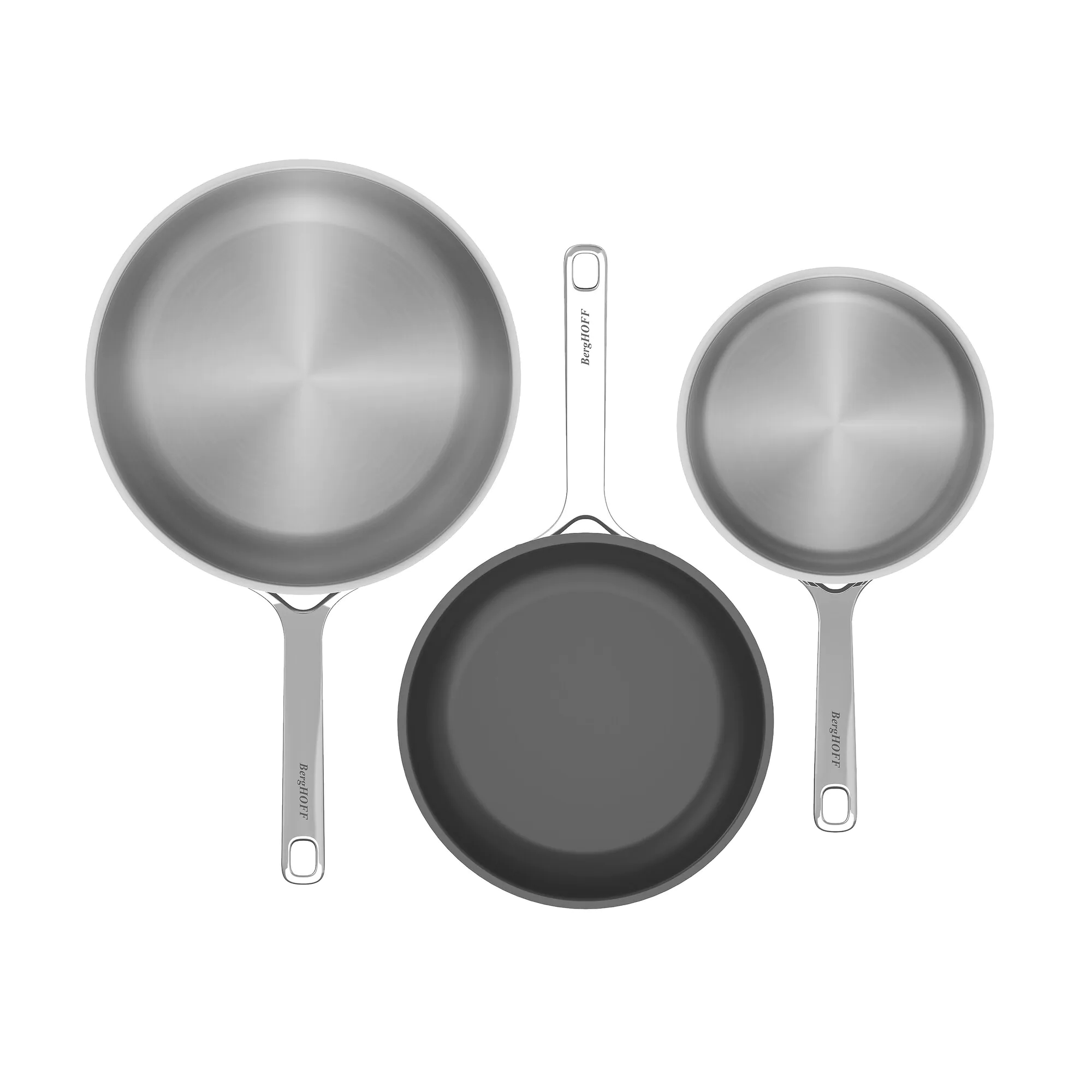 Three stainless steel pans from above with handles. White background.