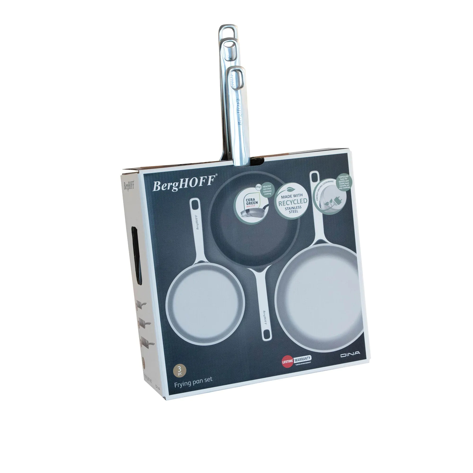 Boxed set of frying pans. The box has images of pans and says BergHOFF.