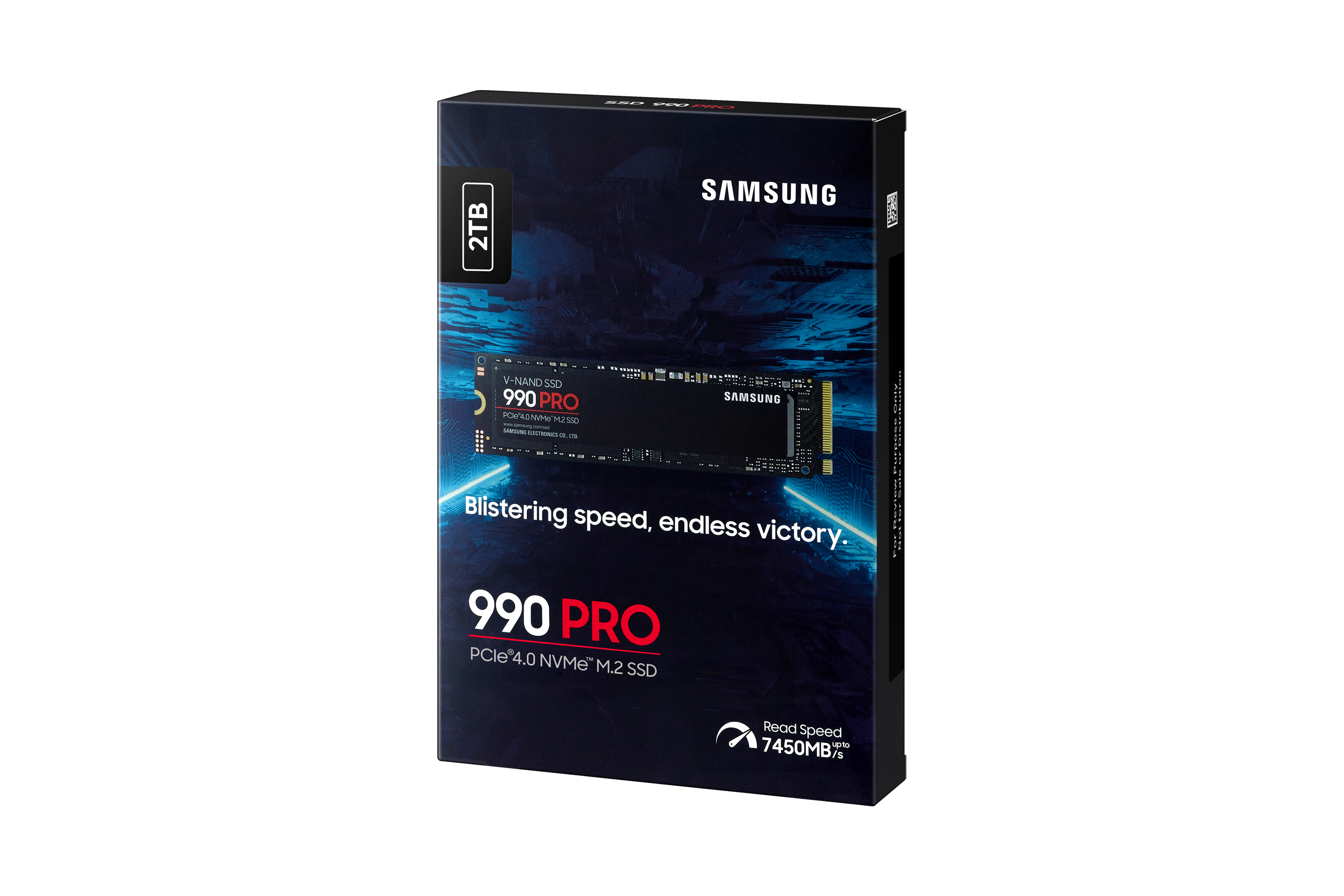 Schwarze Box mit 990 PRO SSD-Etikett. Text sagt 2TB und hat Samsung-Branding.