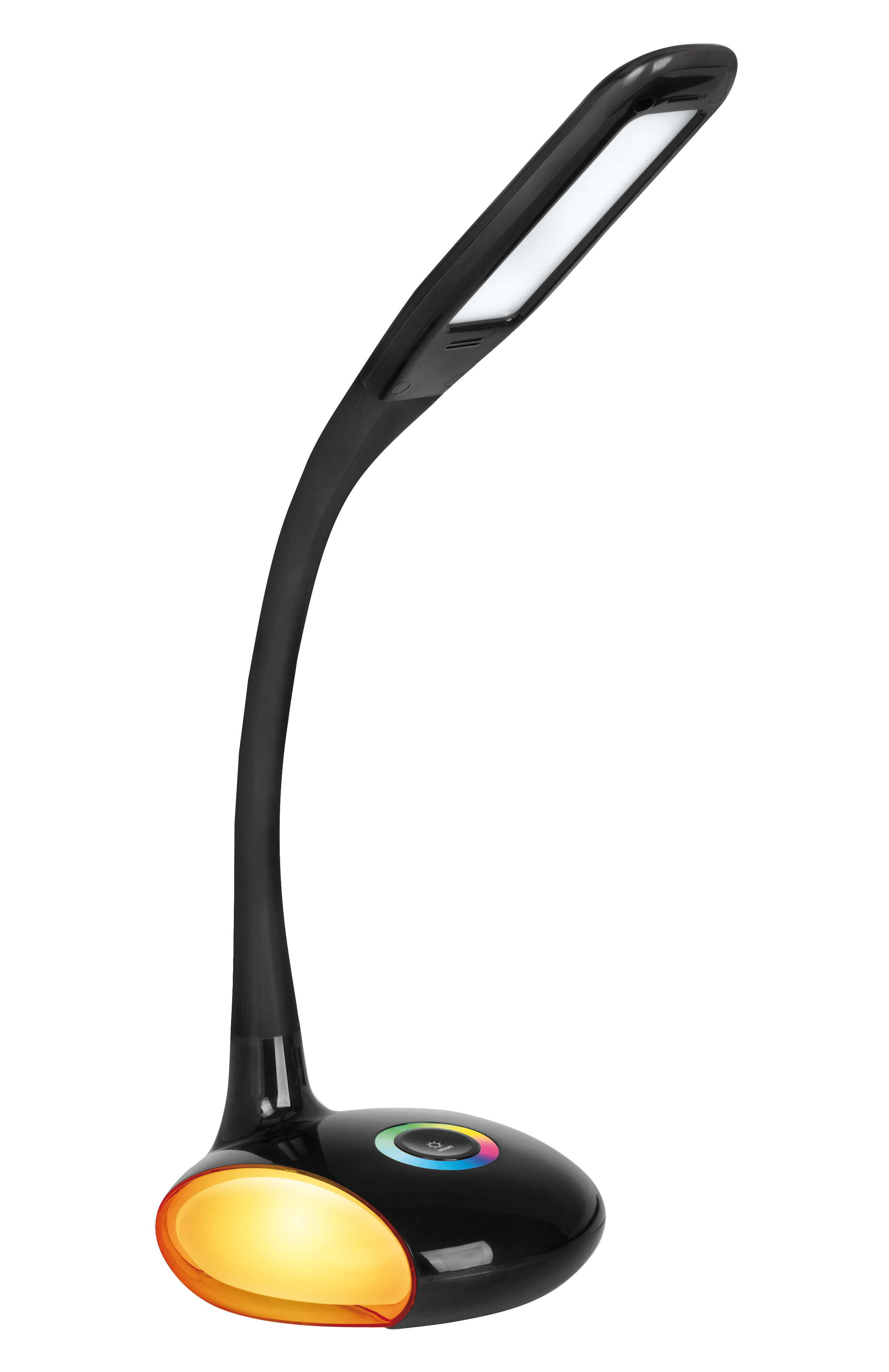 Lampada da scrivania nera con braccio regolabile, base circolare con illuminazione colorata.