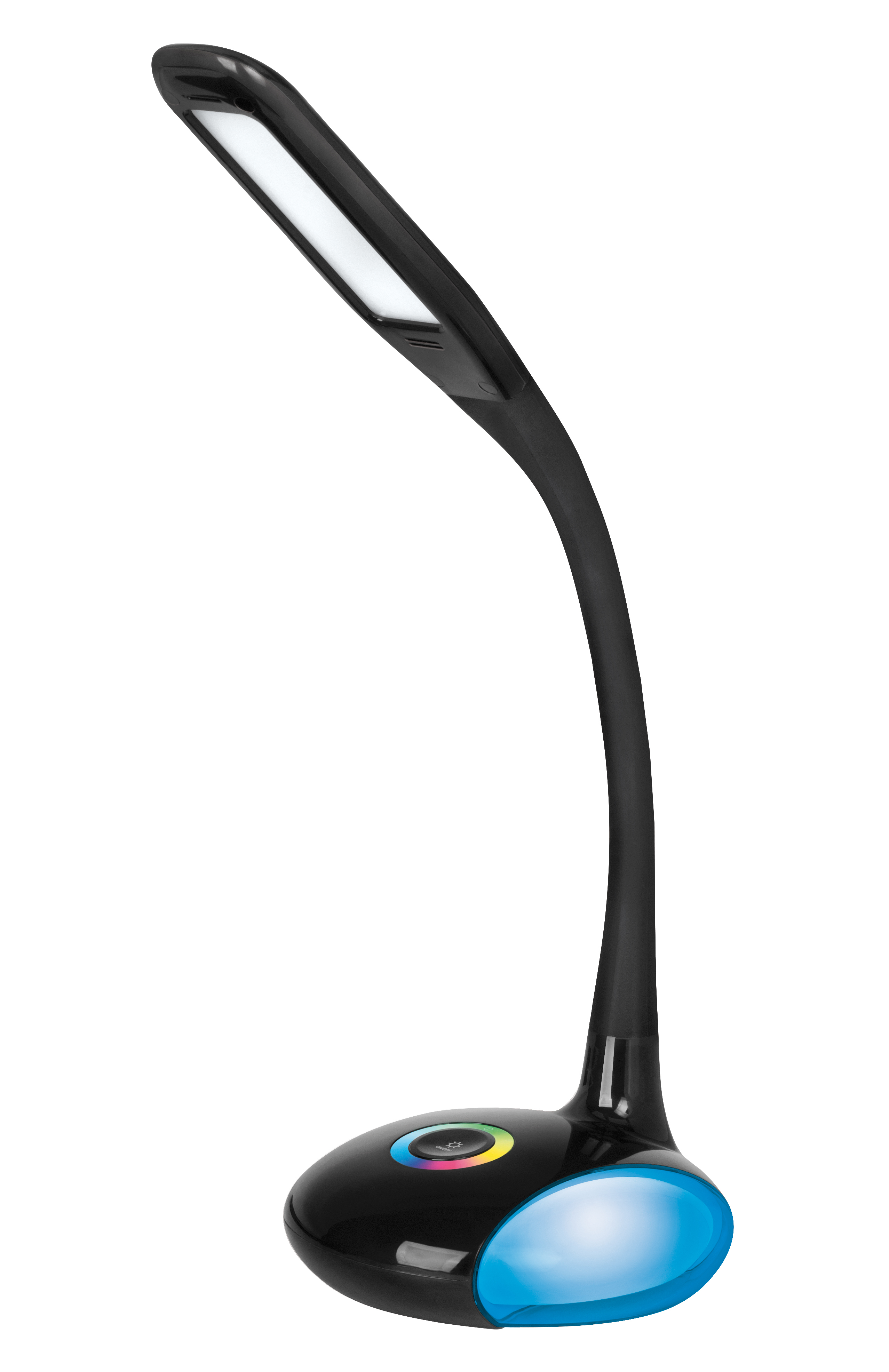 Lampada da scrivania nera con collo curvo e base colorata.