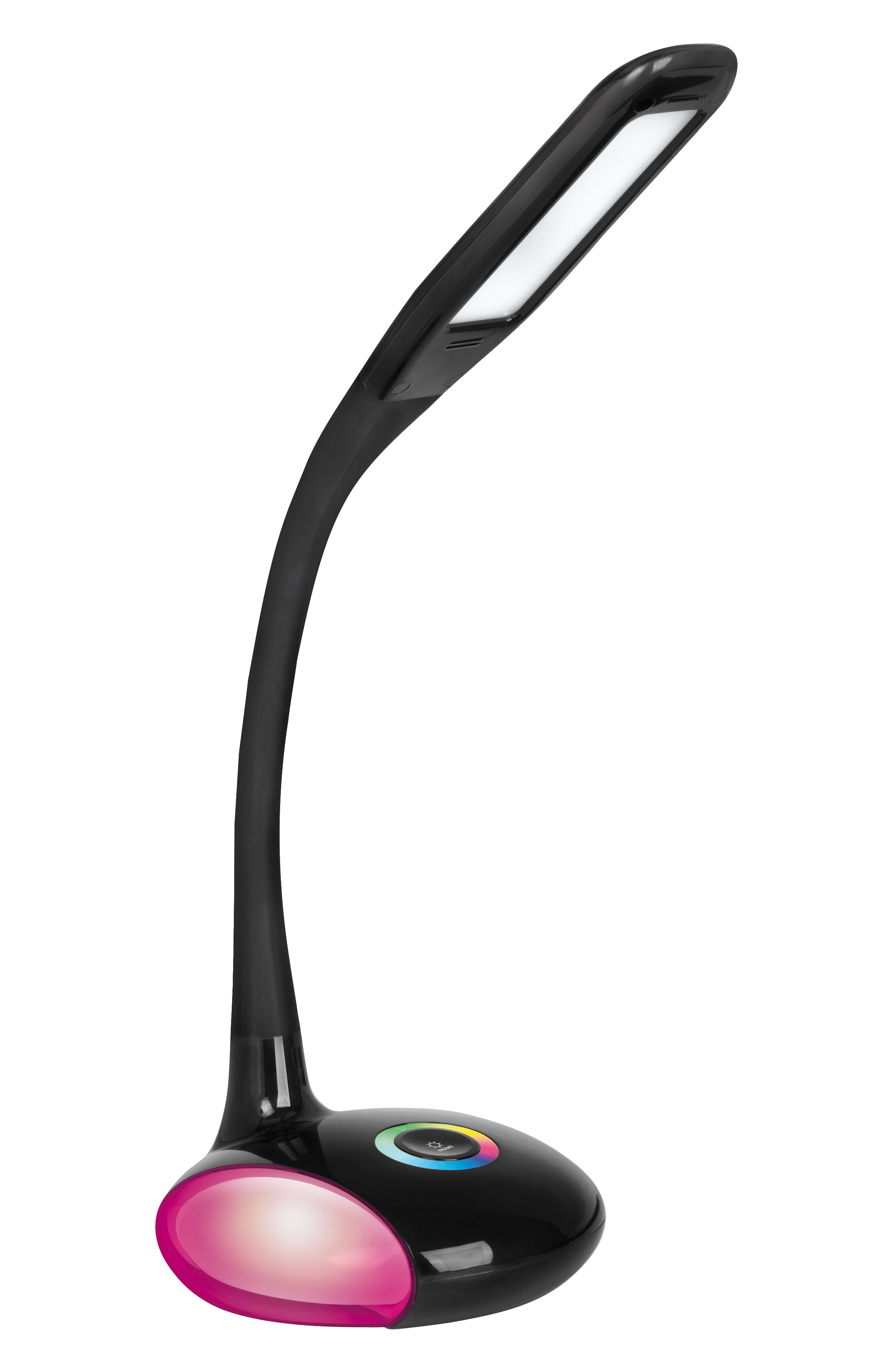 Lampada da scrivania nera con collo curvo e base rosa.