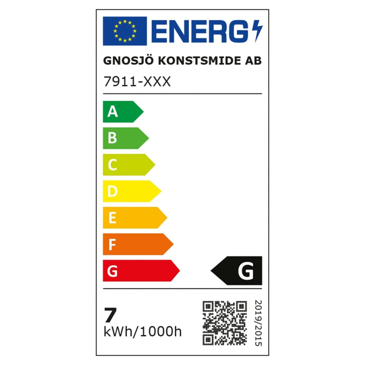 Ein Etikett mit Energieeffizienzklassen für ein Licht. Farbige Balken von A bis G.
