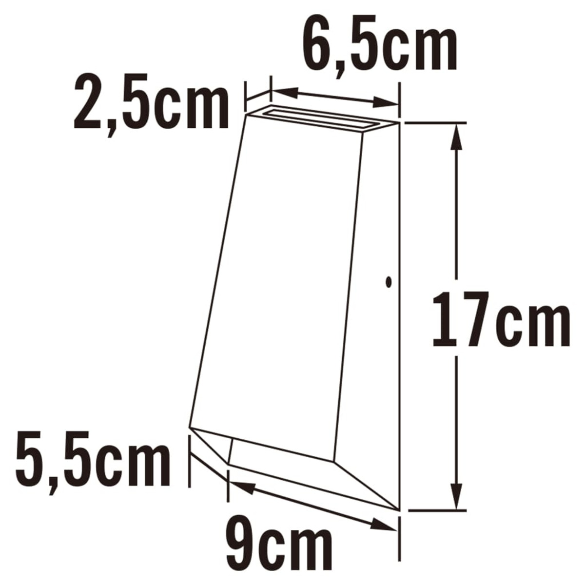 Diagramm einer Wandleuchte mit Abmessungen. Die Lampe hat eine Trapezform. Die Maße sind in Zentimetern angegeben.