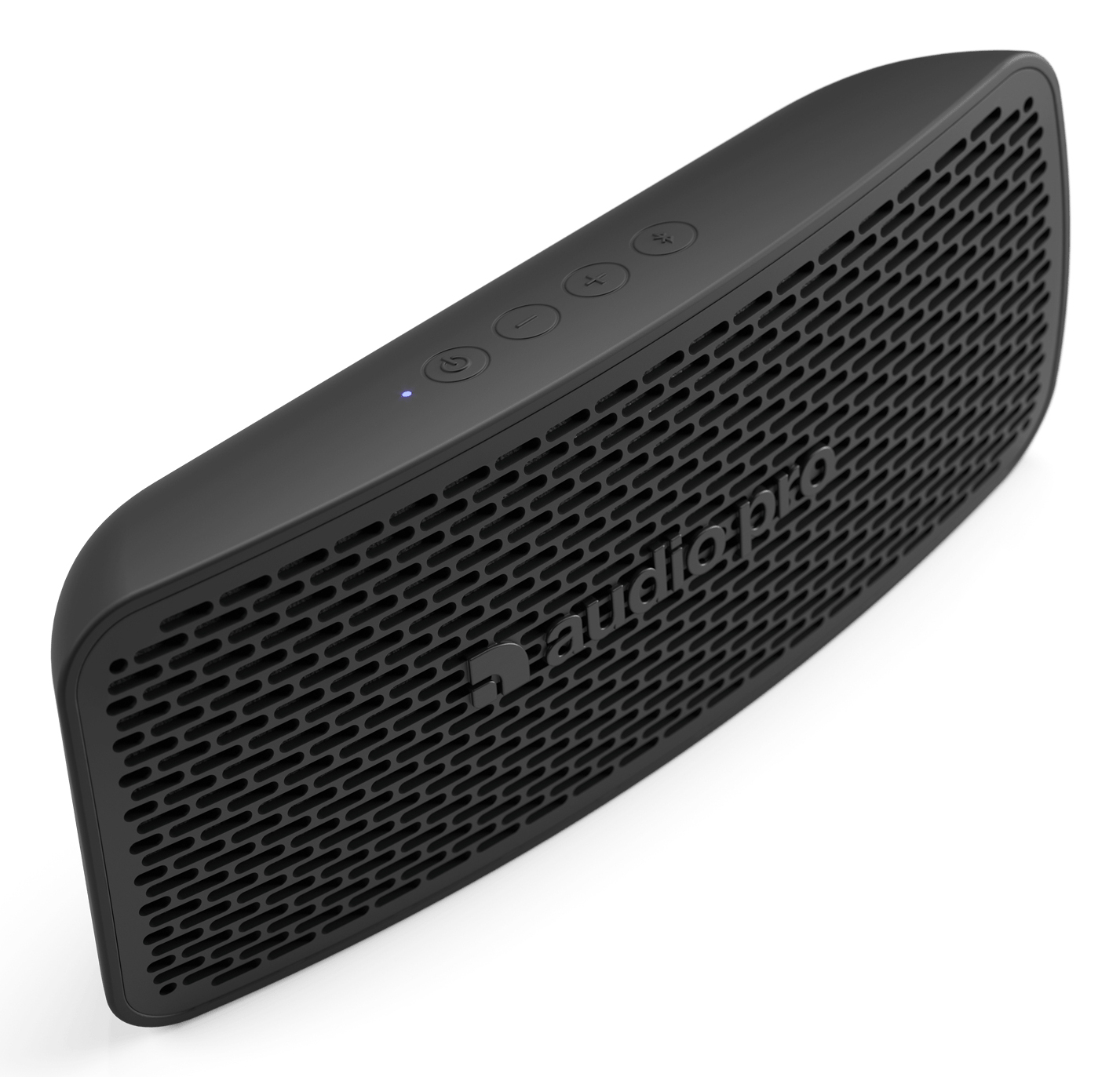 Haut-parleur audio portable noir avec façade en mesh, boutons sur le dessus et le logo Audio Pro. Fond blanc.