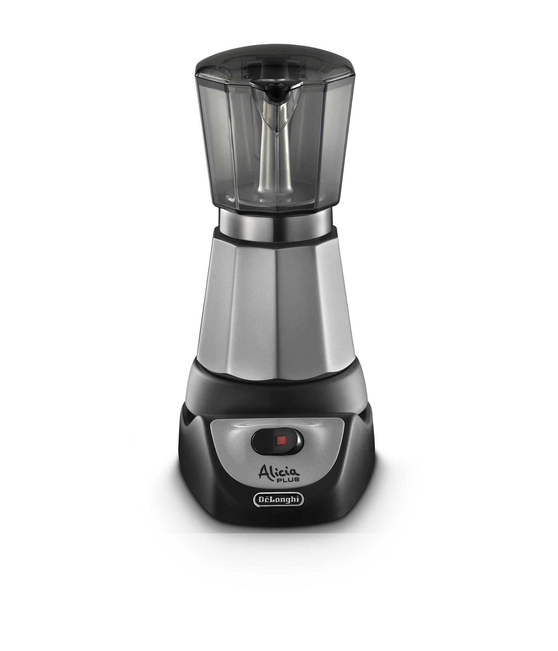 Srebrno-czarny ekspres do kawy z przezroczystą pokrywą i czerwonym przyciskiem zasilania.