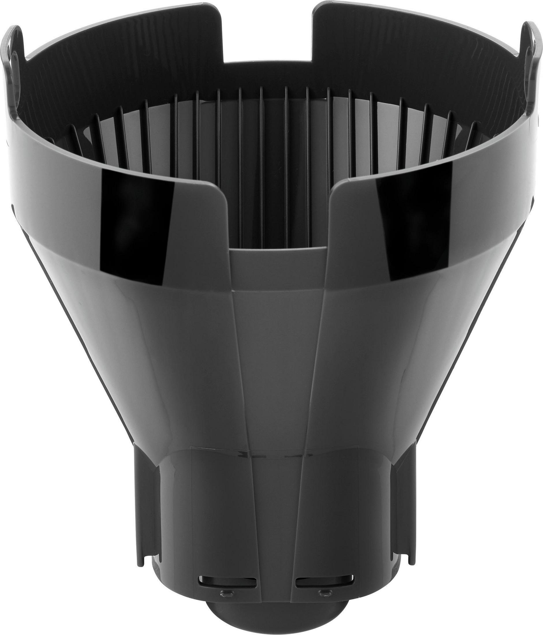Czarny uchwyt filtra do kawy. Stożkowy kształt z pionowymi żebrami. Otwarta konstrukcja.